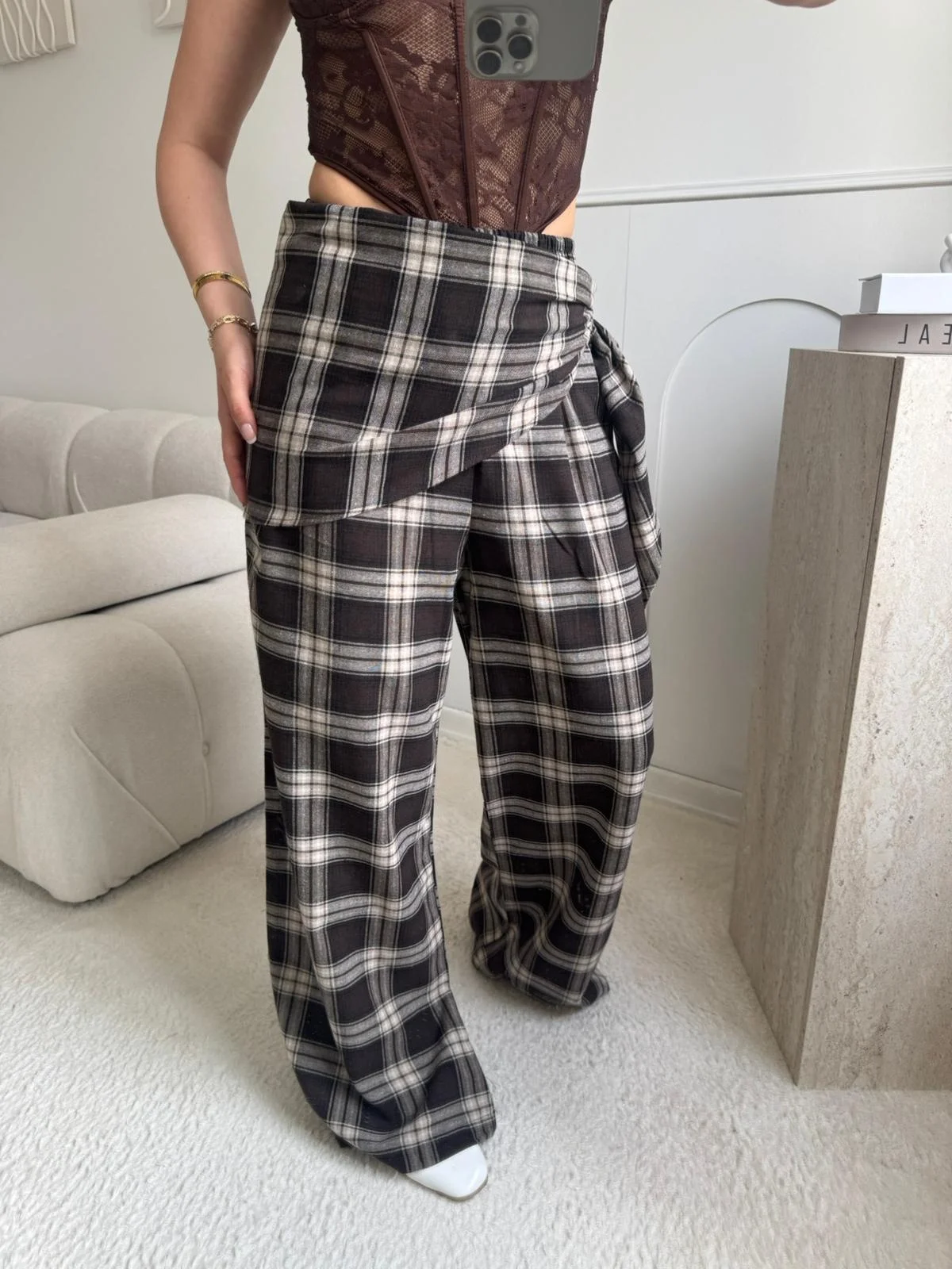 Bel Fular Ekose Pantolon - LACİVERT