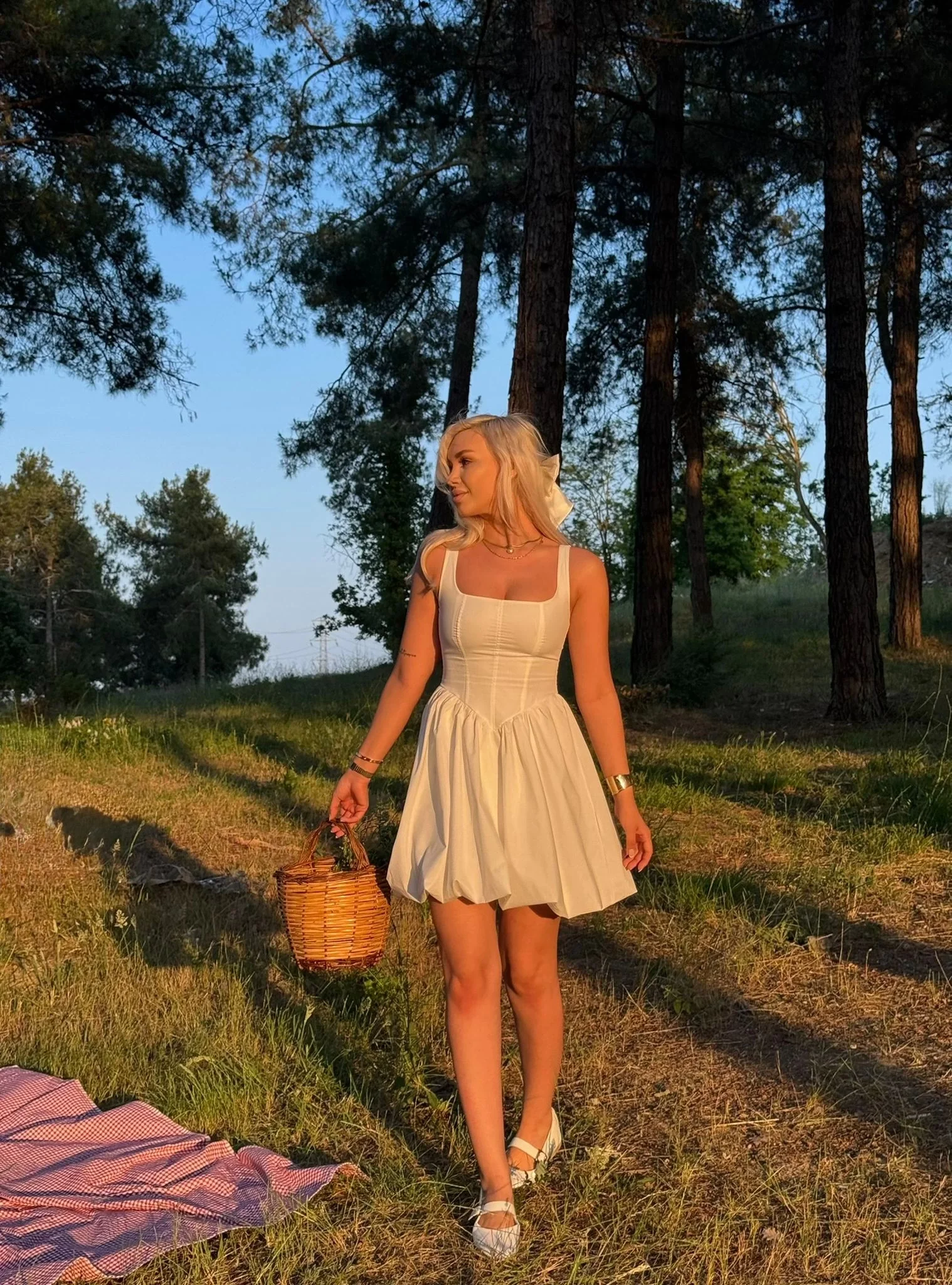 Bel Korse Balon Etek Elbise - BEYAZ