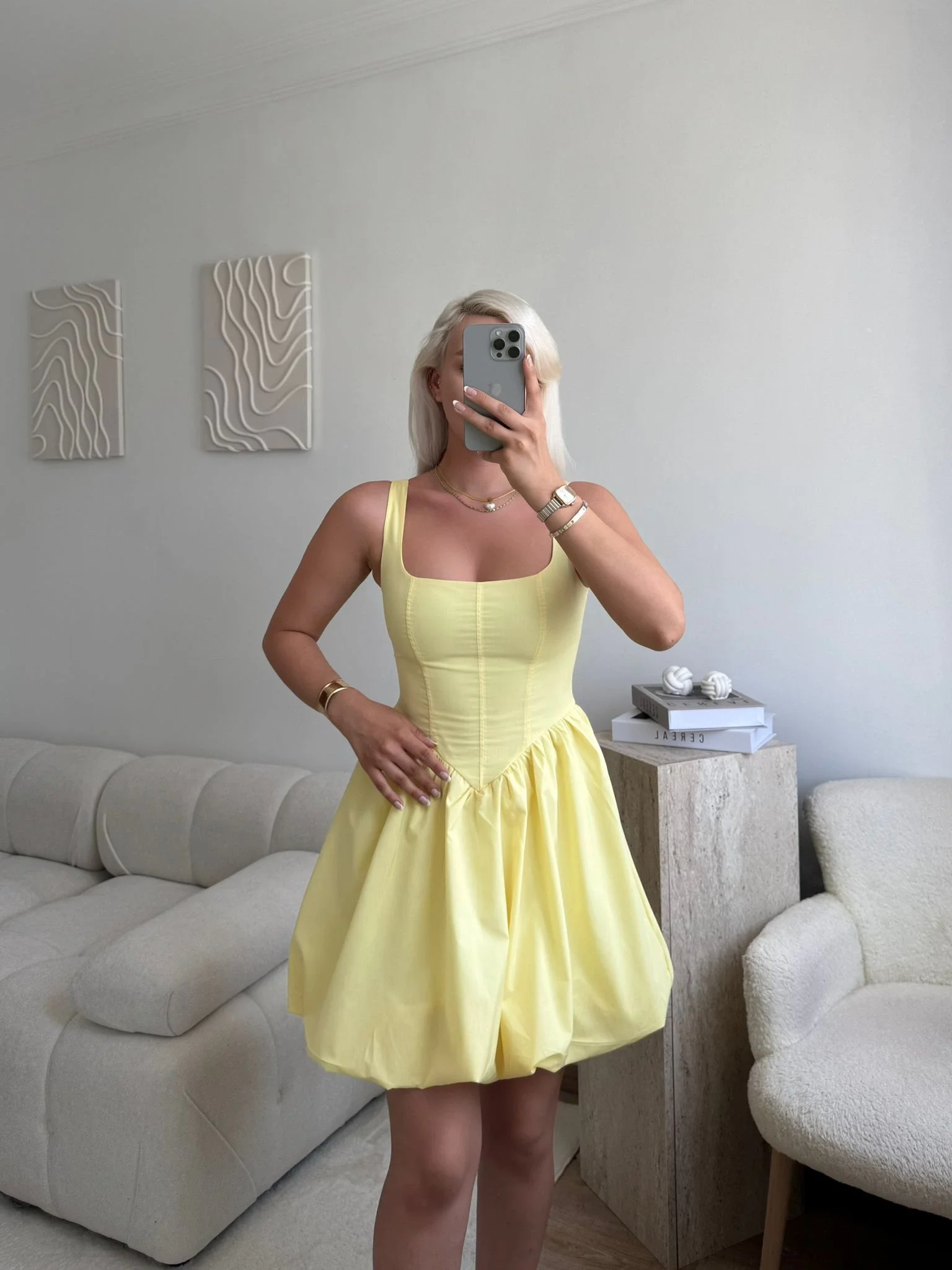 Bel Korse Balon Etek Elbise - SARI