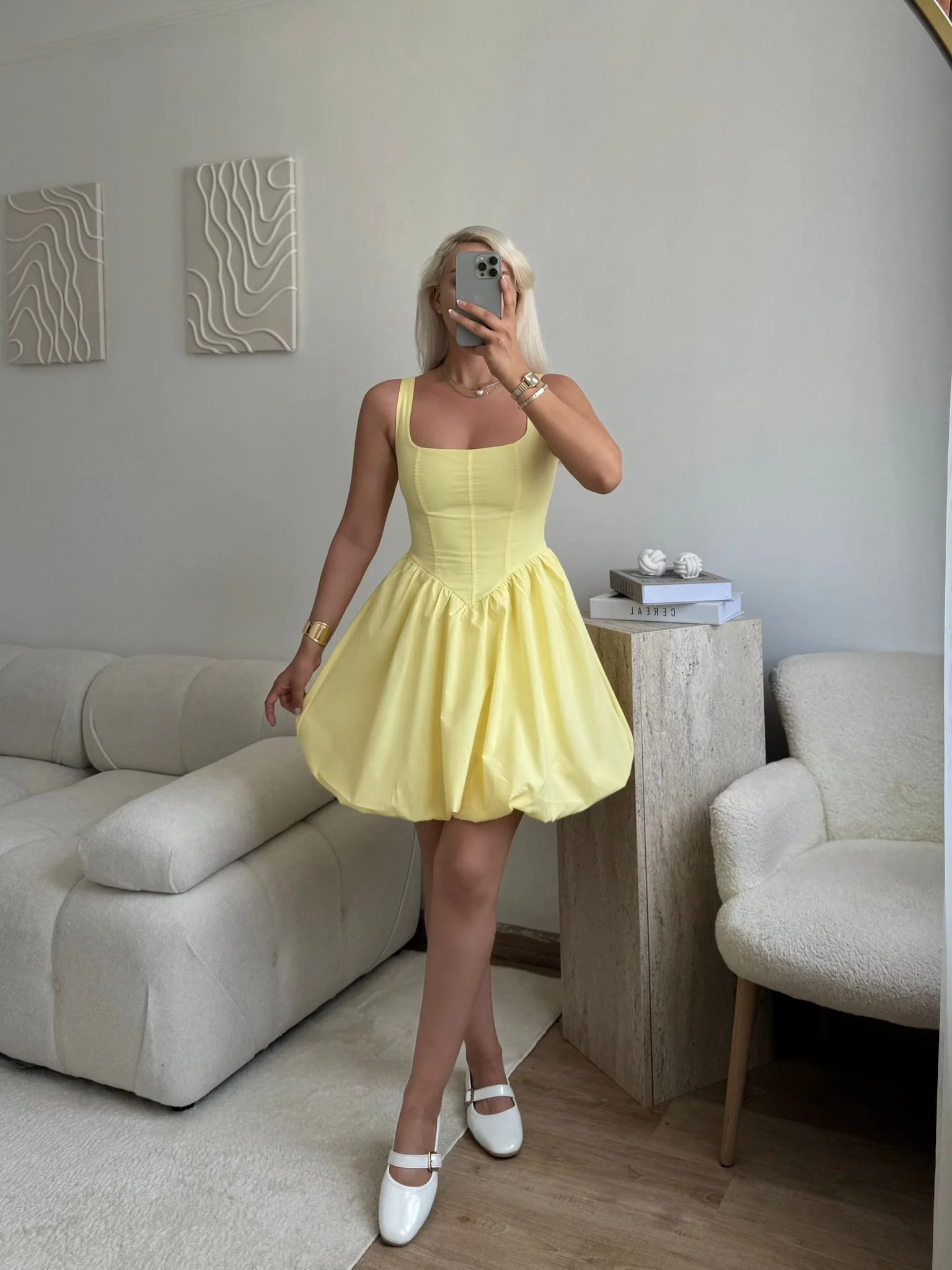 Bel Korse Balon Etek Elbise - SARI