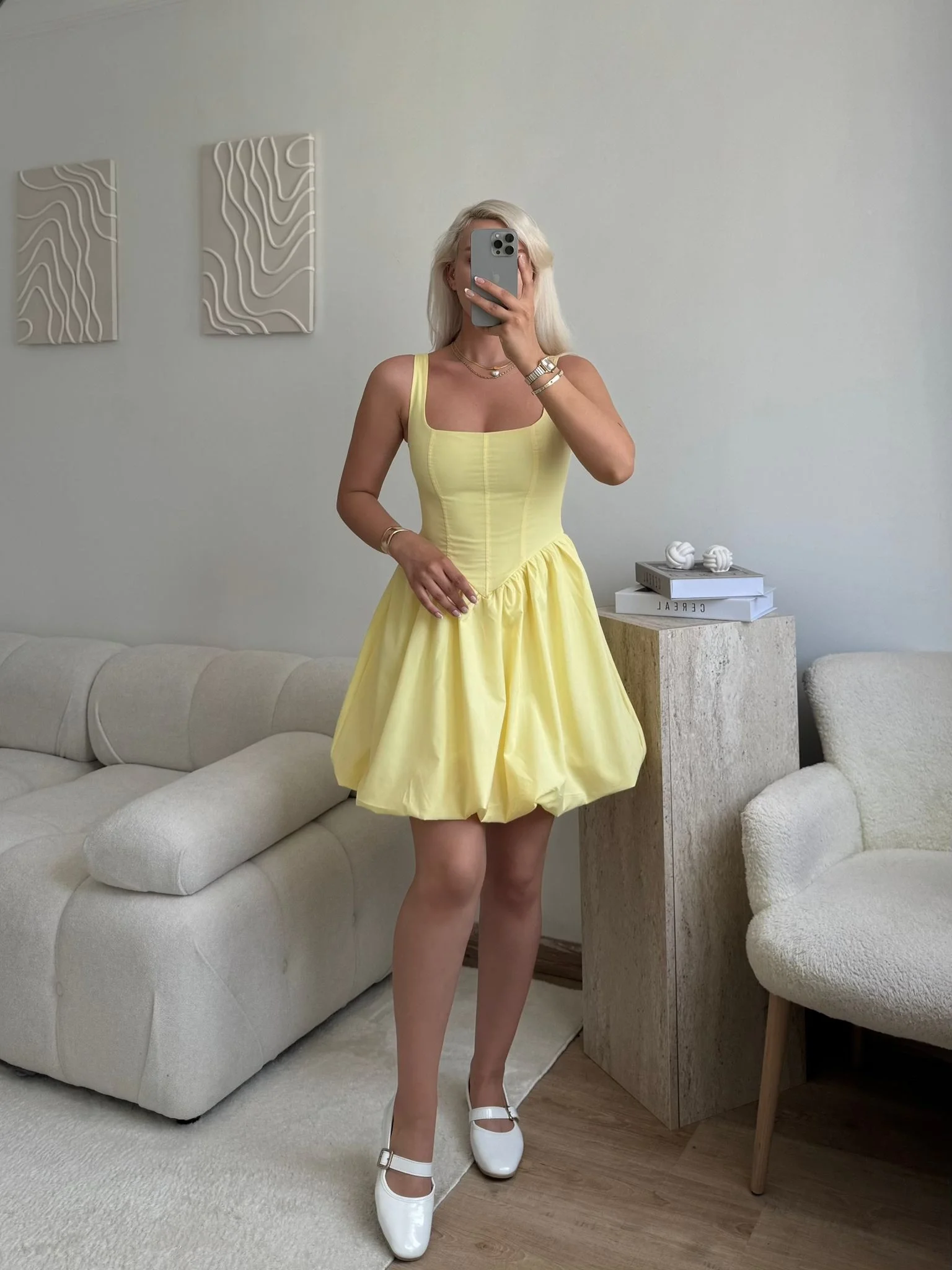 Bel Korse Balon Etek Elbise - SARI