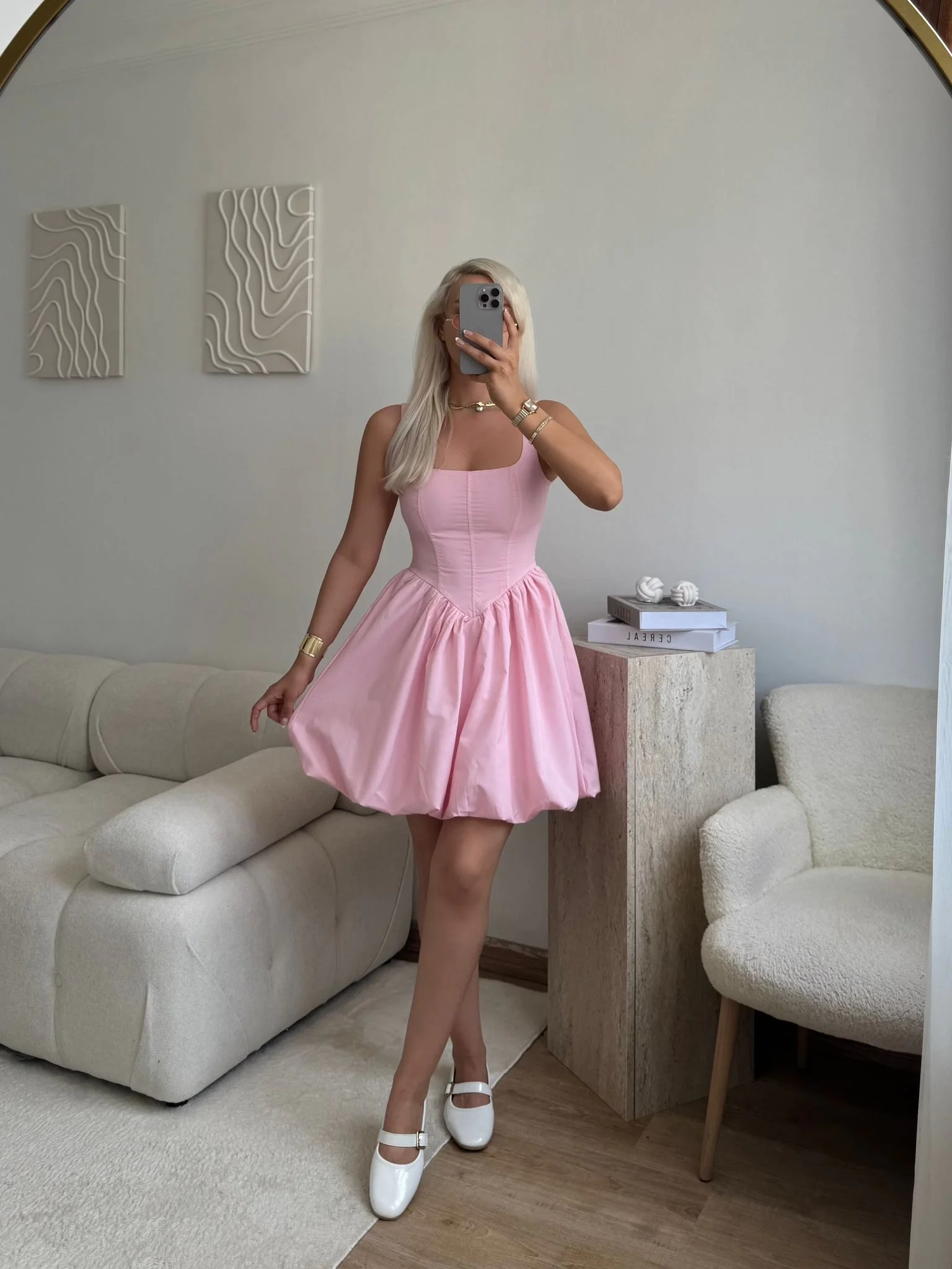 Bel Korse Balon Etek Elbise - PUDRA