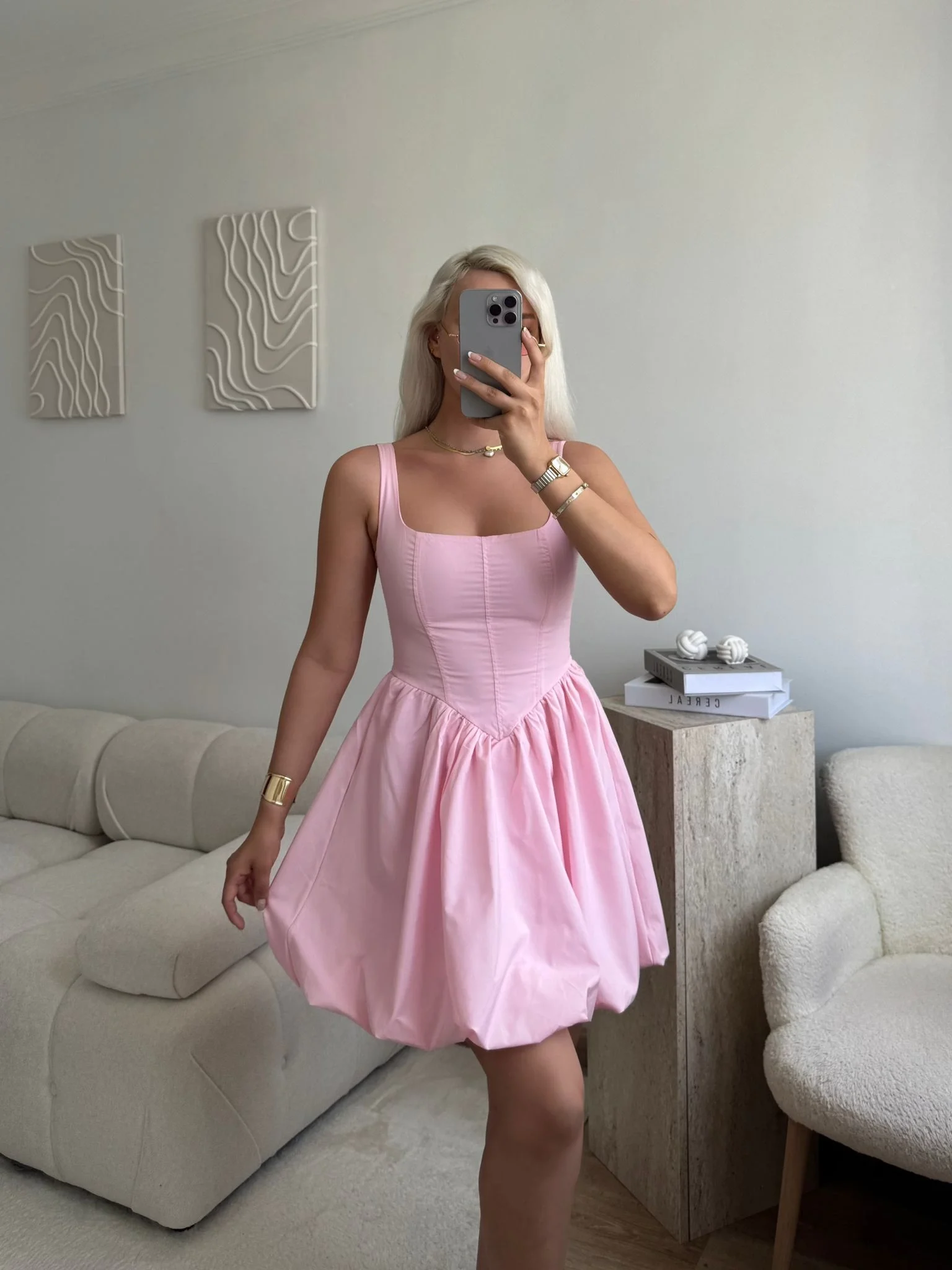 Bel Korse Balon Etek Elbise - PUDRA