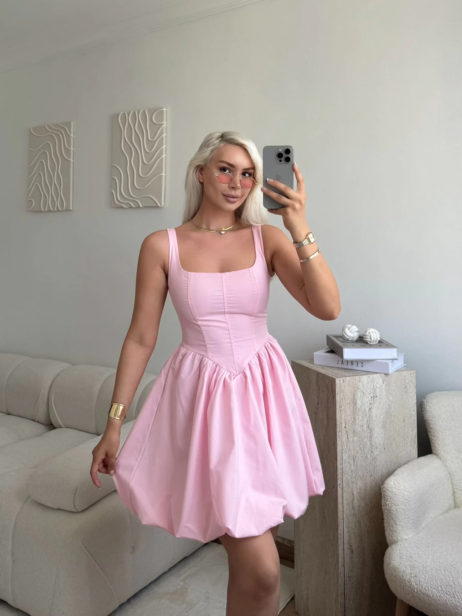 Bel Korse Balon Etek Elbise - PUDRA