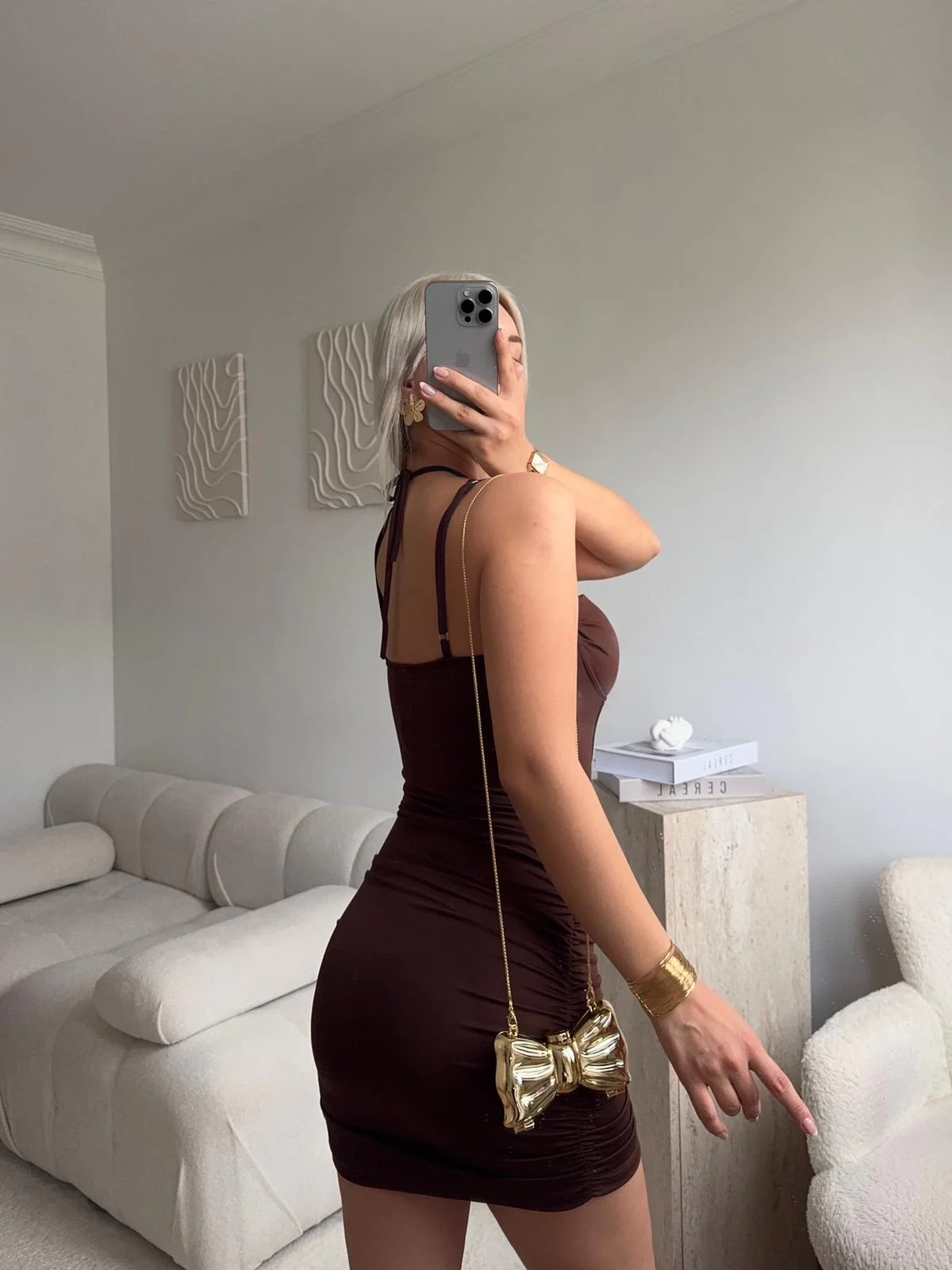 Bel Korse Çift Askılı Elbise - KAHVE