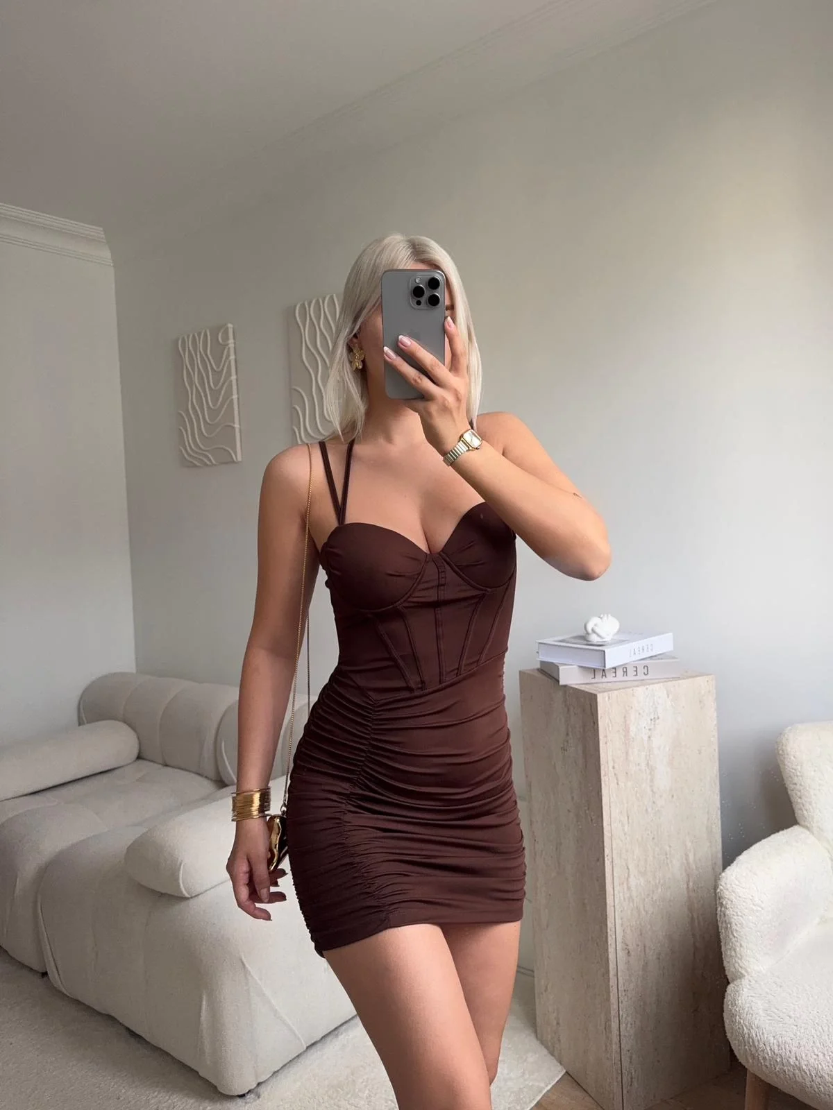 Bel Korse Çift Askılı Elbise - KAHVE