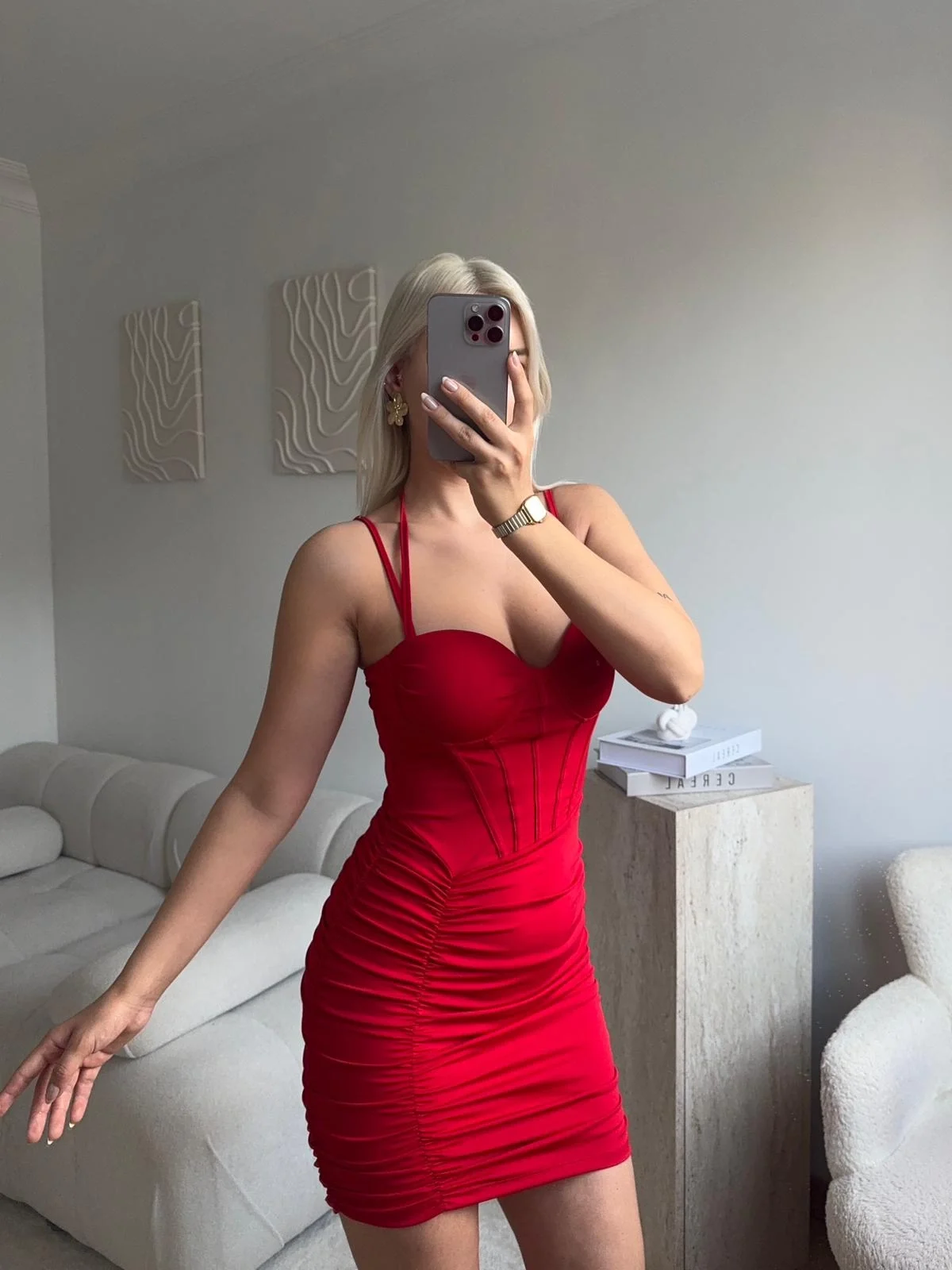 Bel Korse Çift Askılı Elbise - KIRMIZI