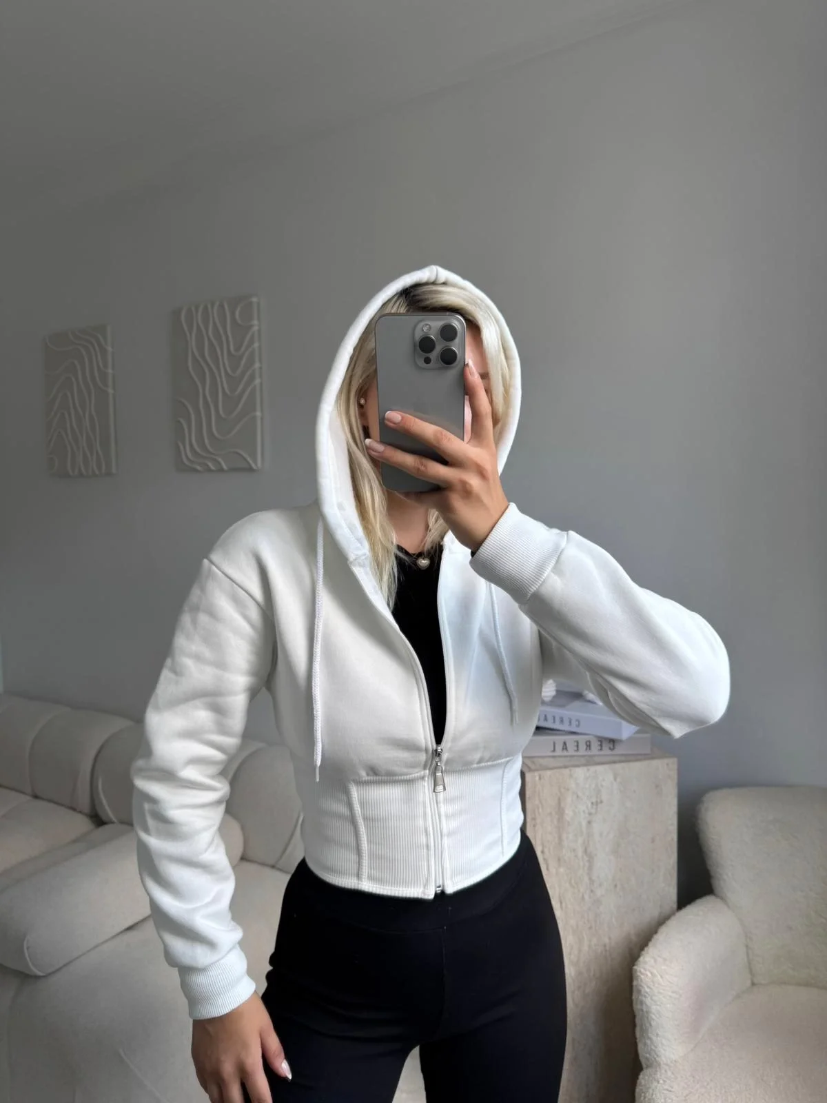 Bel Korse Kapşonlu Hırka - BEYAZ