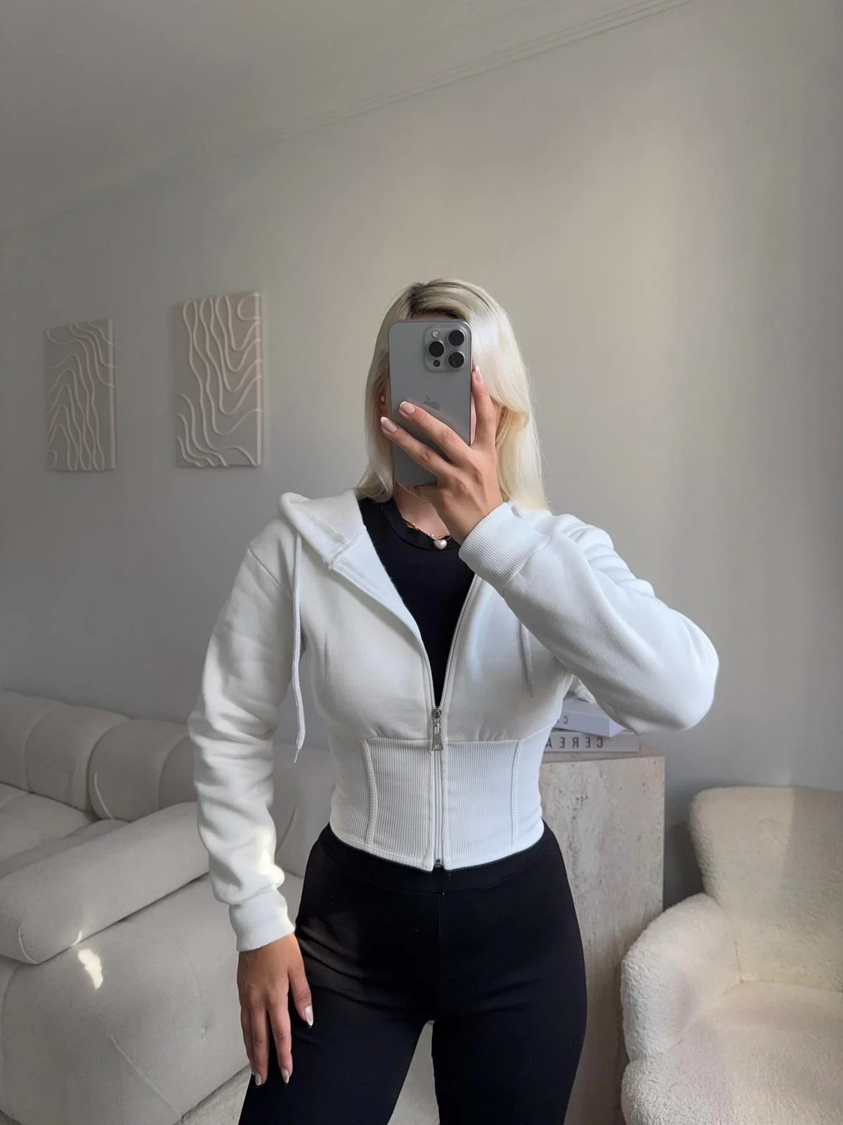 Bel Korse Kapşonlu Hırka - BEYAZ