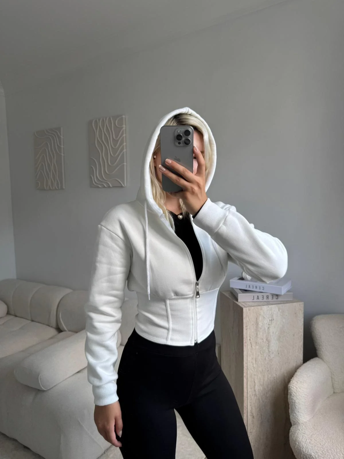 Bel Korse Kapşonlu Hırka - BEYAZ