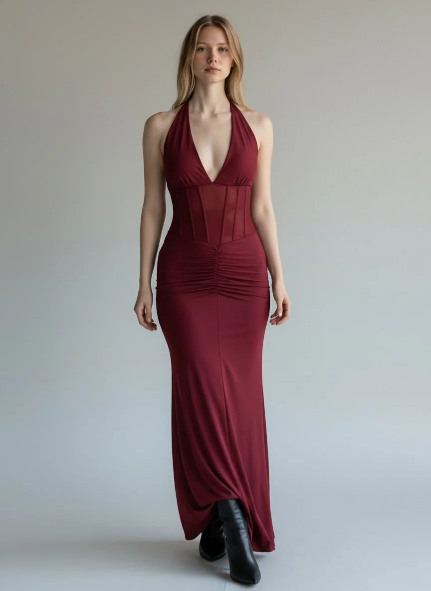 Bel Korse Maxi Elbise - BORDO