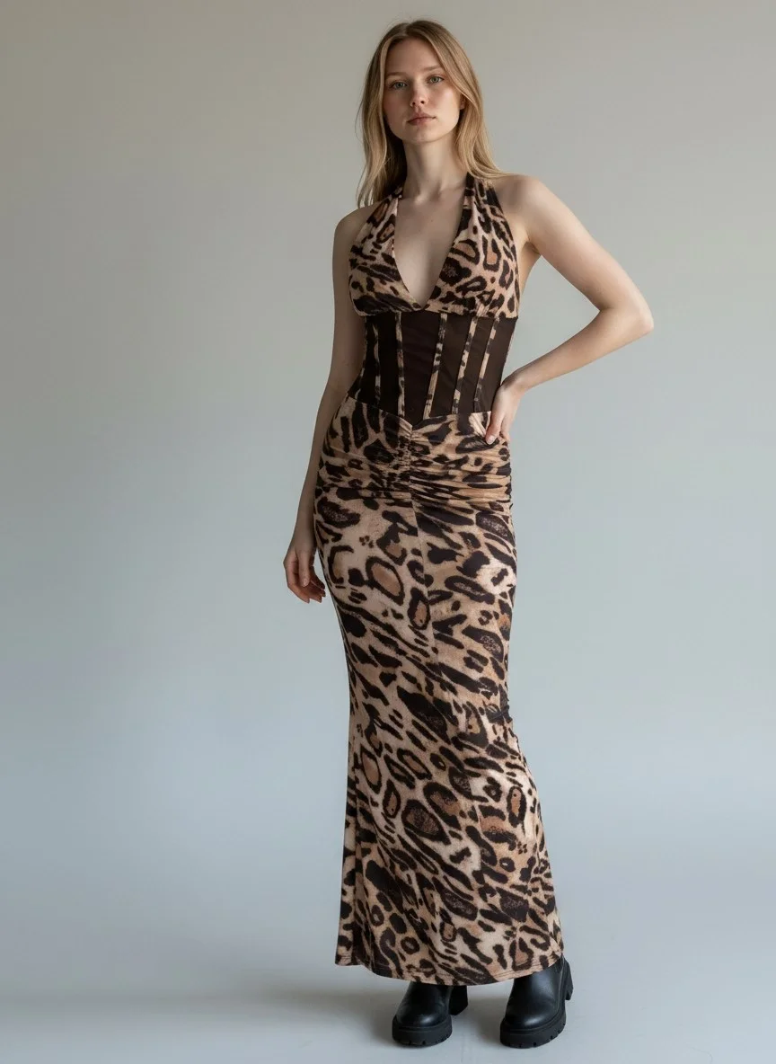 Bel Korse Maxi Elbise - LEOPAR