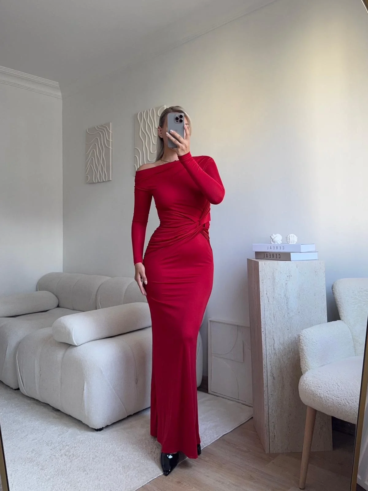 Bel Kruvaze Kayık Yaka Elbise - KIRMIZI