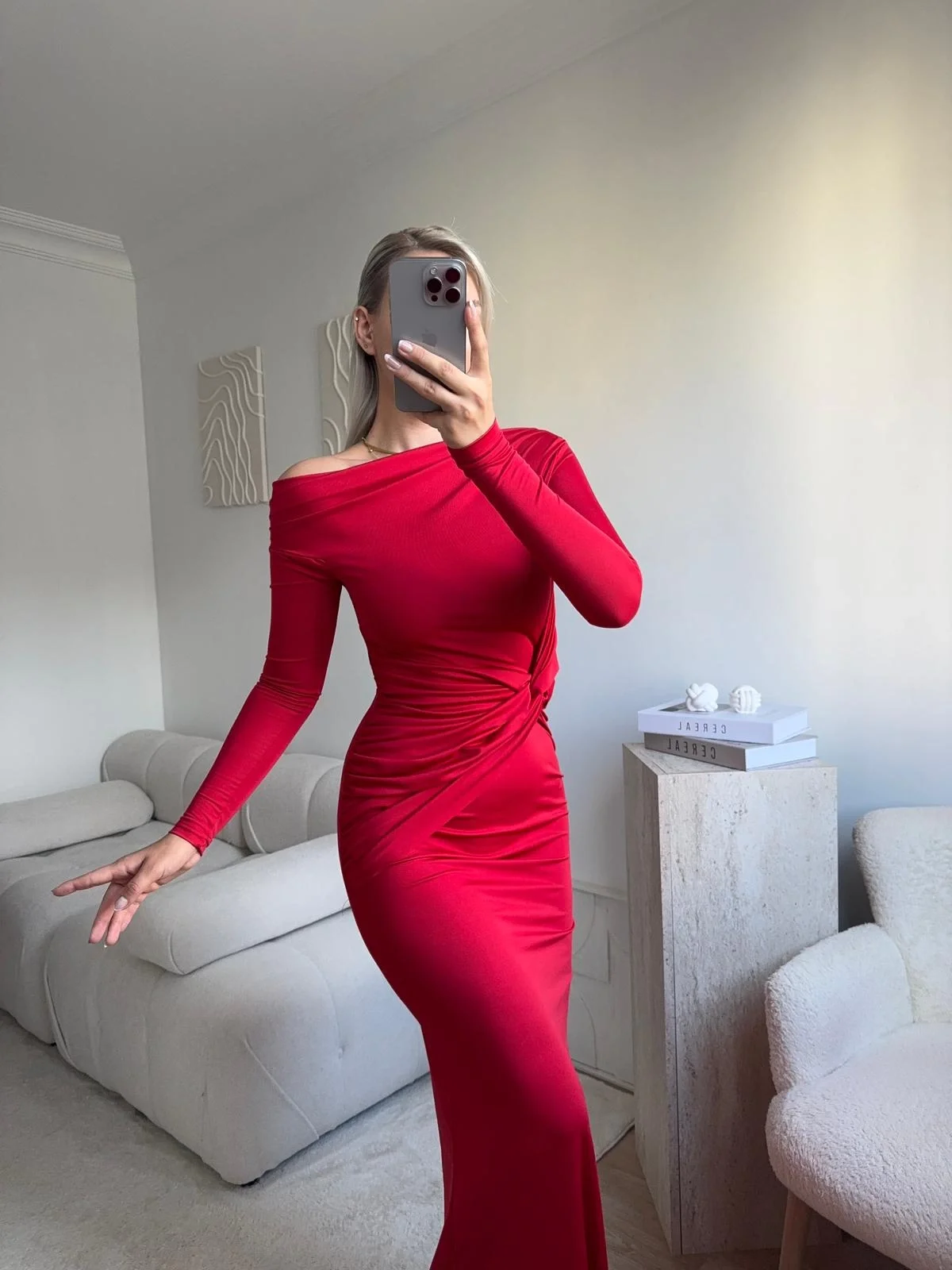 Bel Kruvaze Kayık Yaka Elbise - KIRMIZI