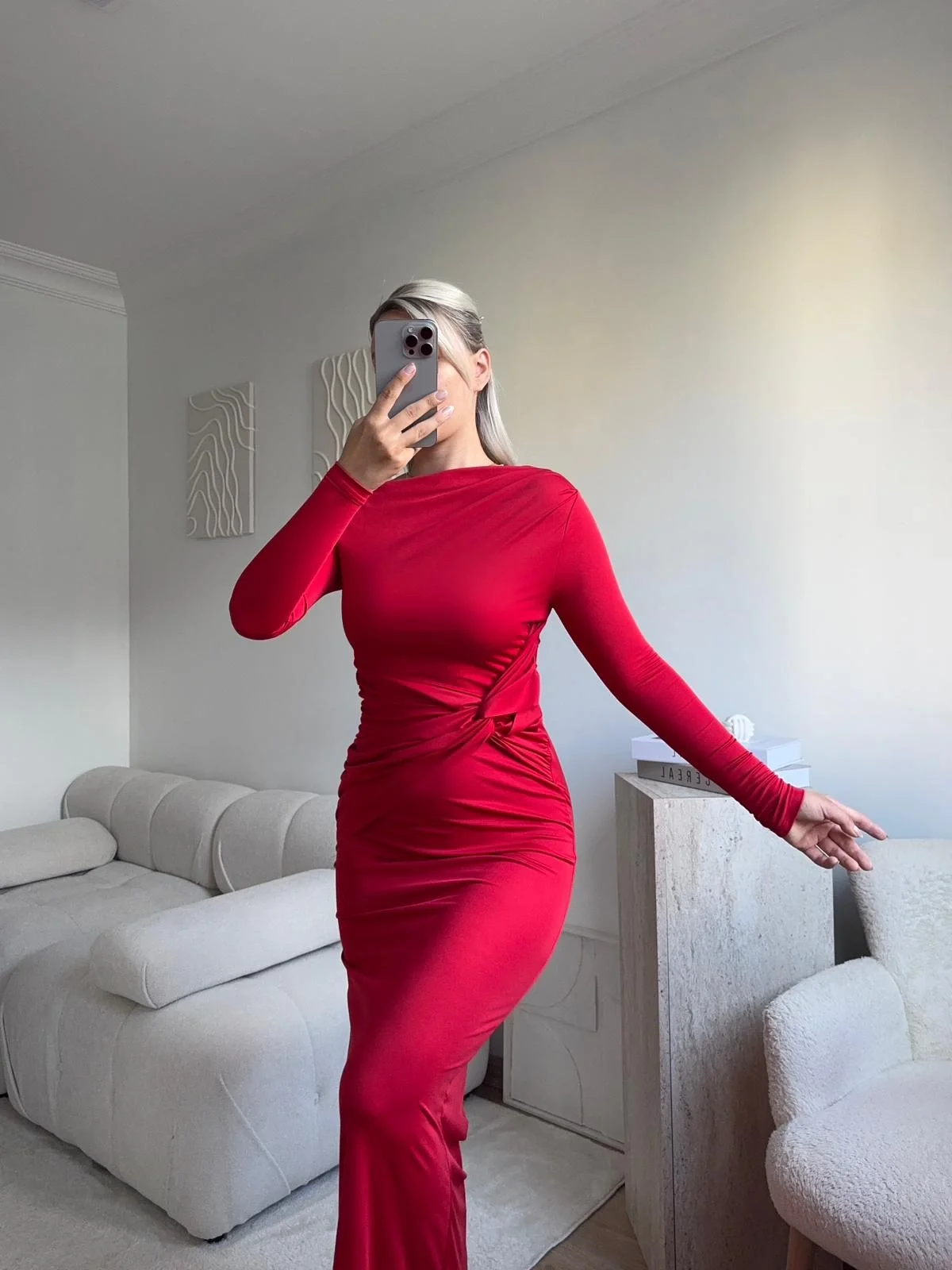 Bel Kruvaze Kayık Yaka Elbise - KIRMIZI