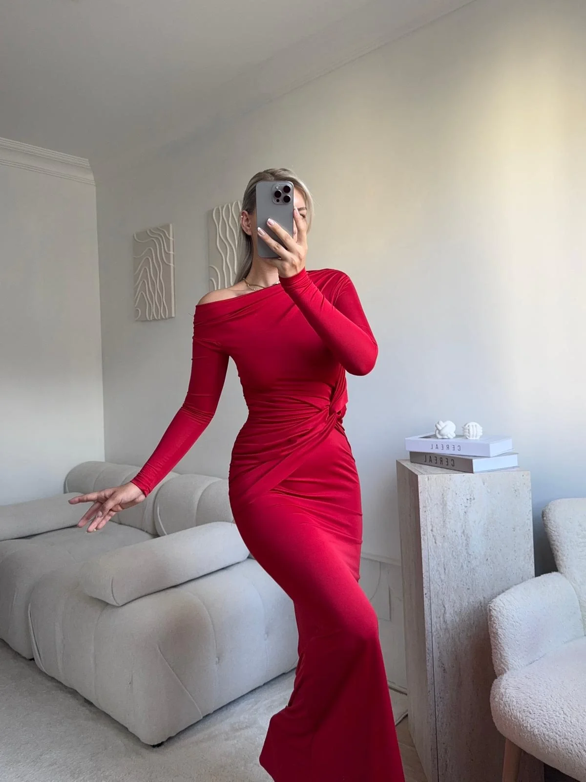 Bel Kruvaze Kayık Yaka Elbise - KIRMIZI