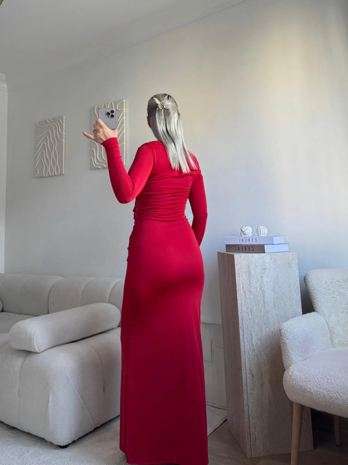 Bel Kruvaze Kayık Yaka Elbise - KIRMIZI