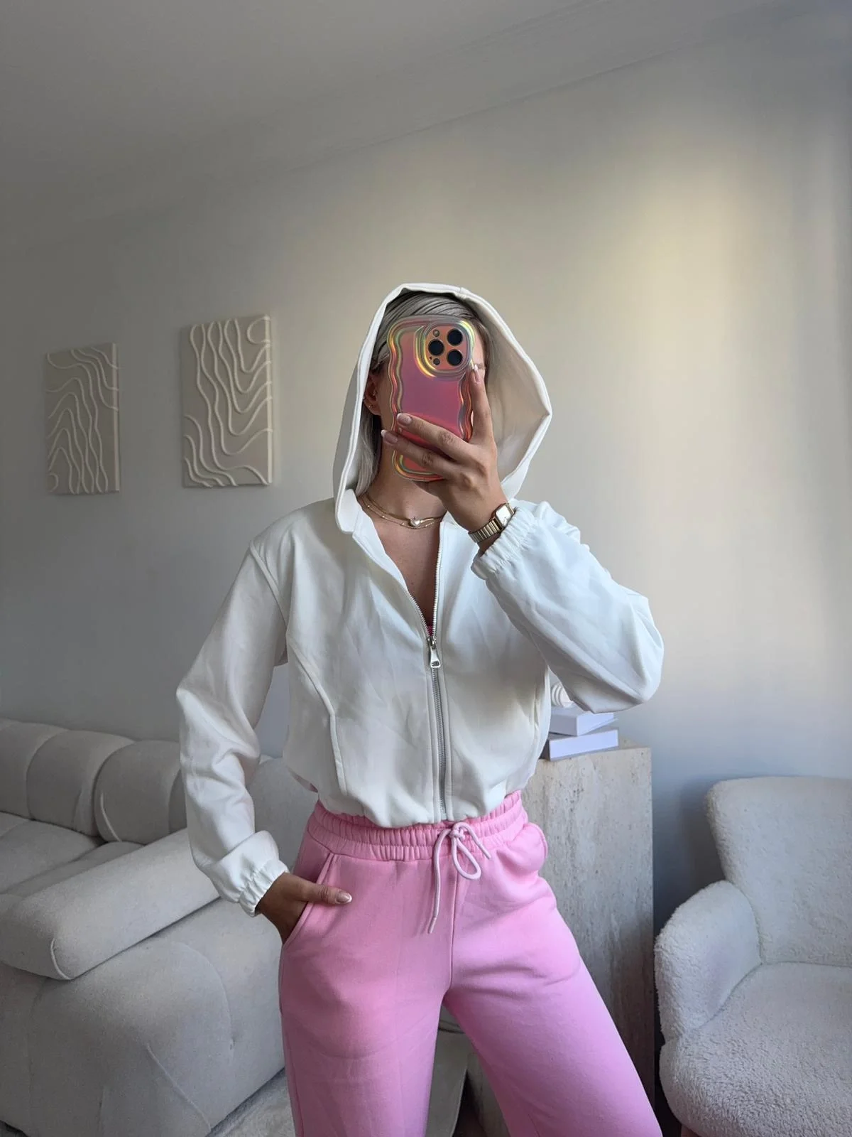 Bel Lastik Crop Hırka - BEYAZ