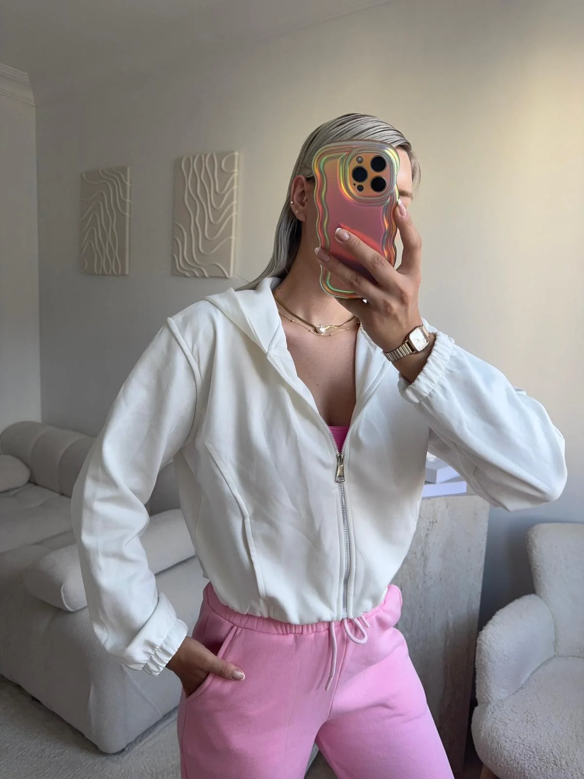 Bel Lastik Crop Hırka - BEYAZ