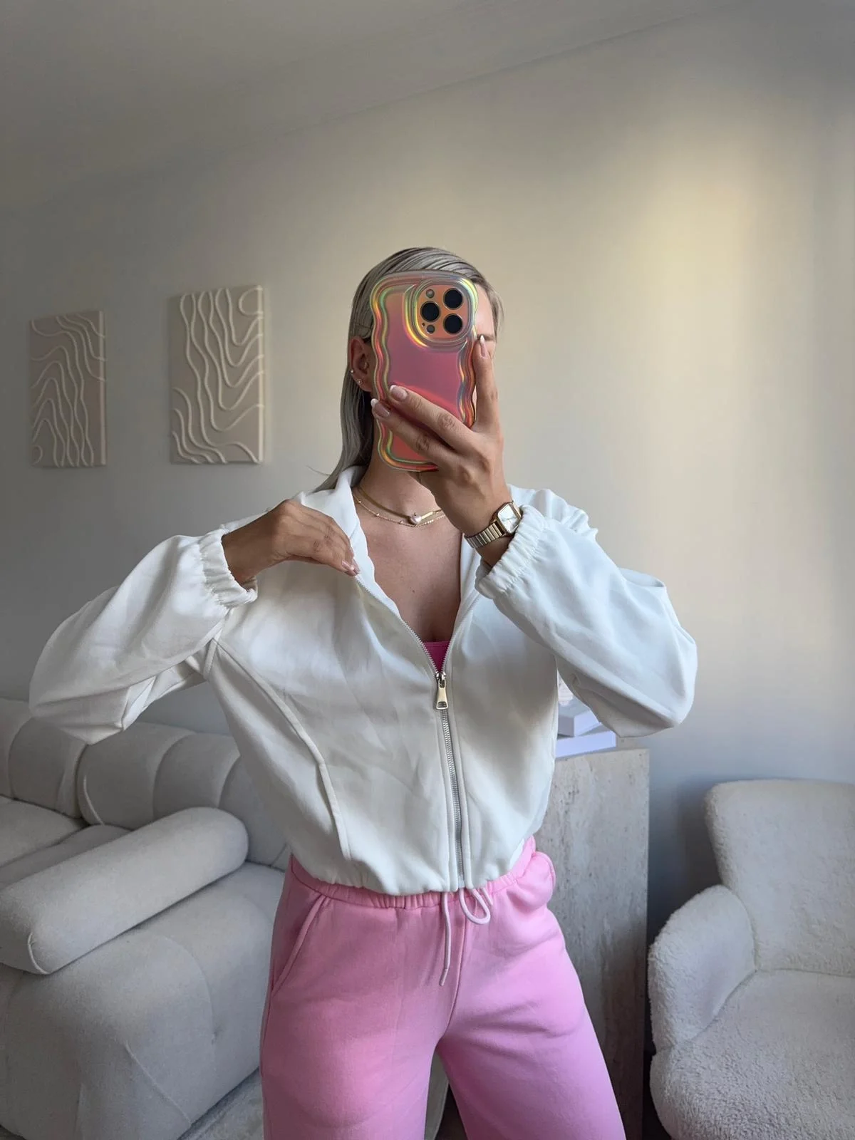 Bel Lastik Crop Hırka - BEYAZ