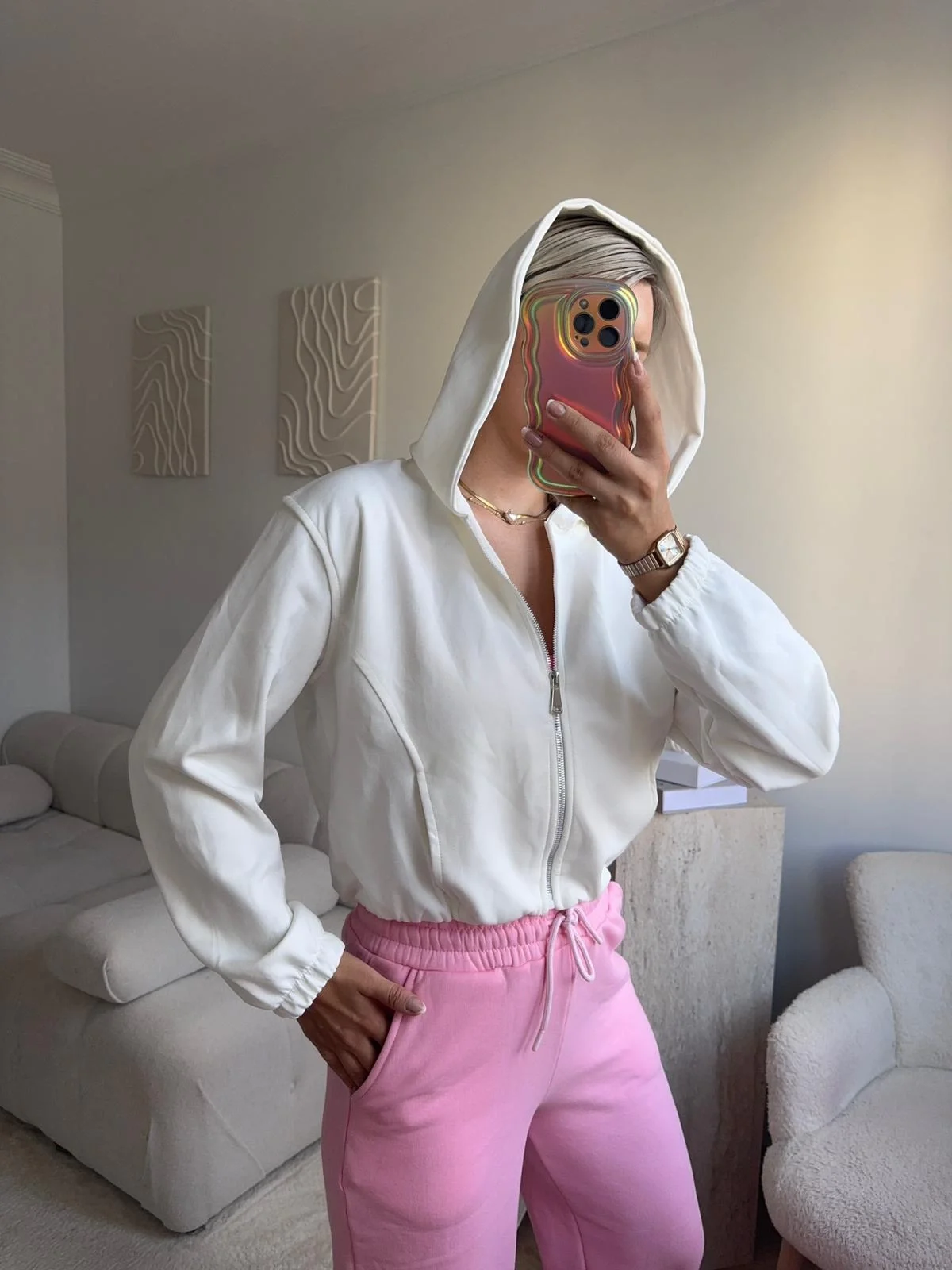 Bel Lastik Crop Hırka - BEYAZ