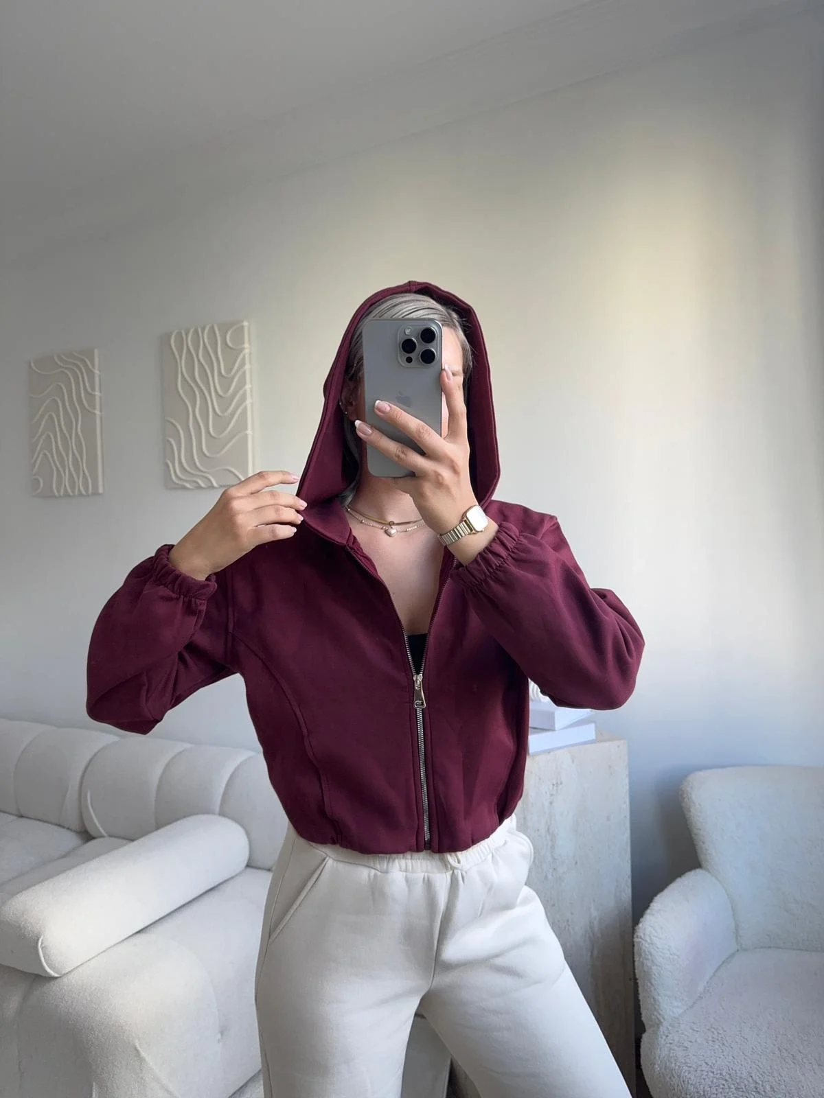 Bel Lastik Crop Hırka - BORDO