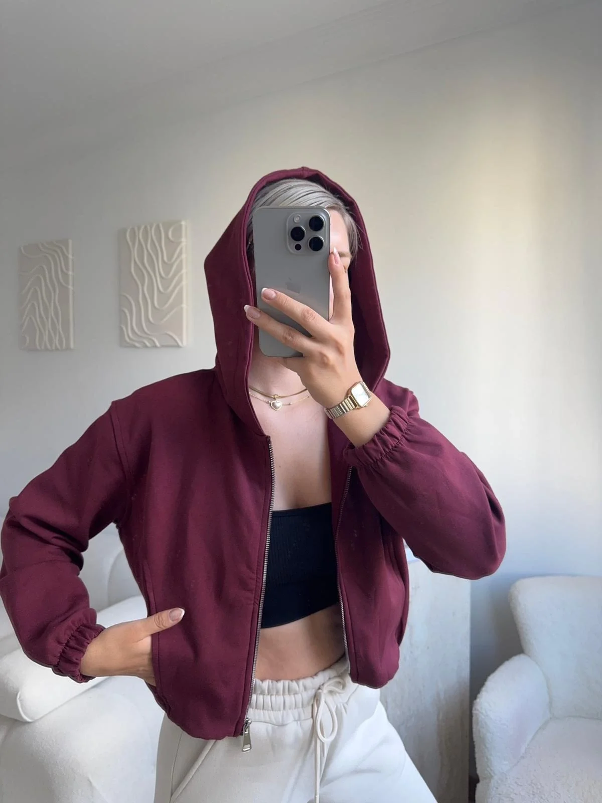 Bel Lastik Crop Hırka - BORDO