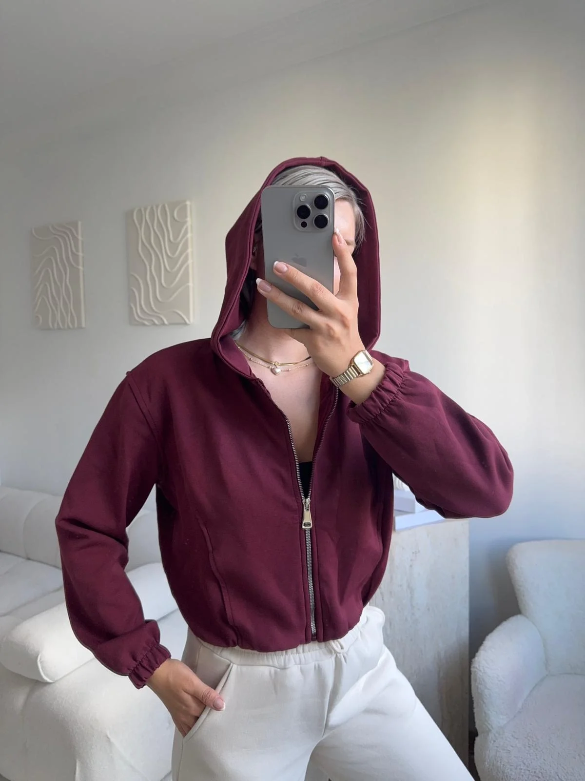 Bel Lastik Crop Hırka - BORDO