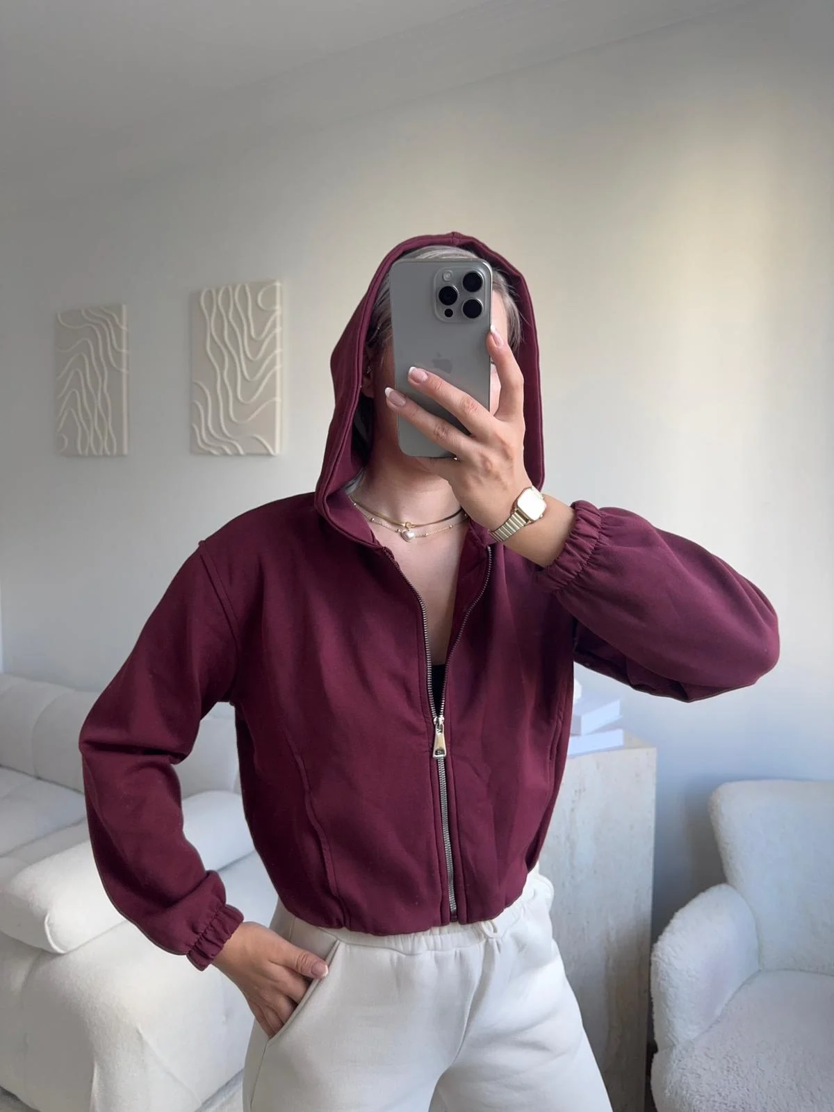 Bel Lastik Crop Hırka - BORDO