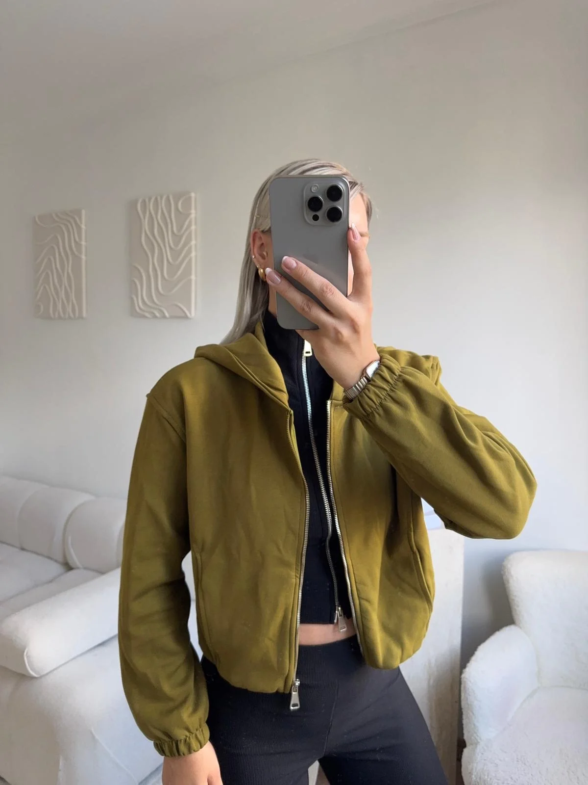 Bel Lastik Crop Hırka - HAKİ