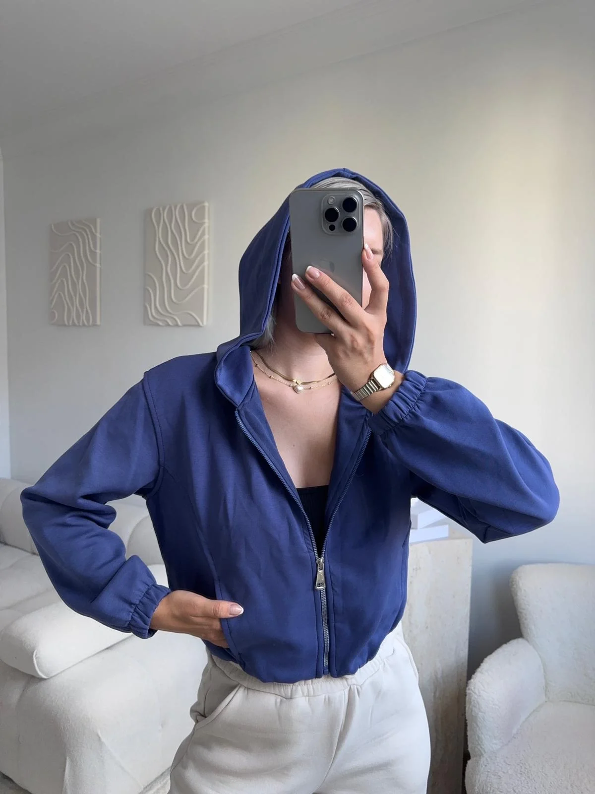 Bel Lastik Crop Hırka - İNDİGO