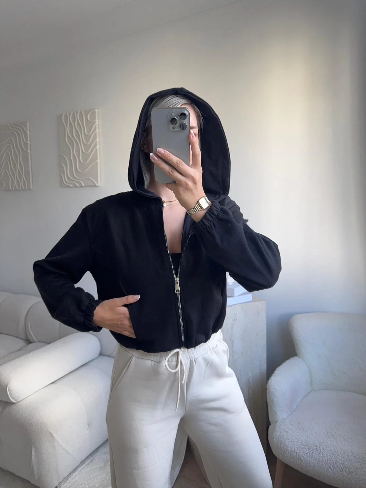 Bel Lastik Crop Hırka - SİYAH