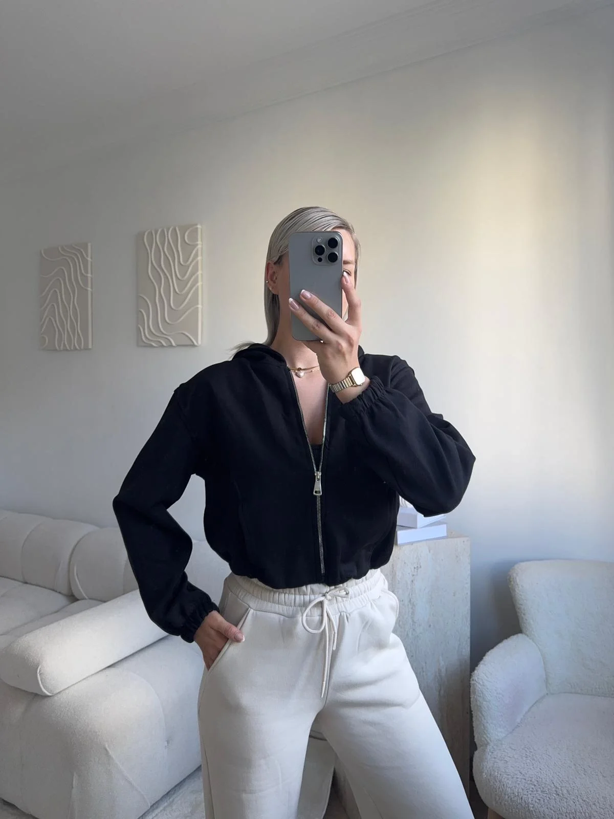 Bel Lastik Crop Hırka - SİYAH