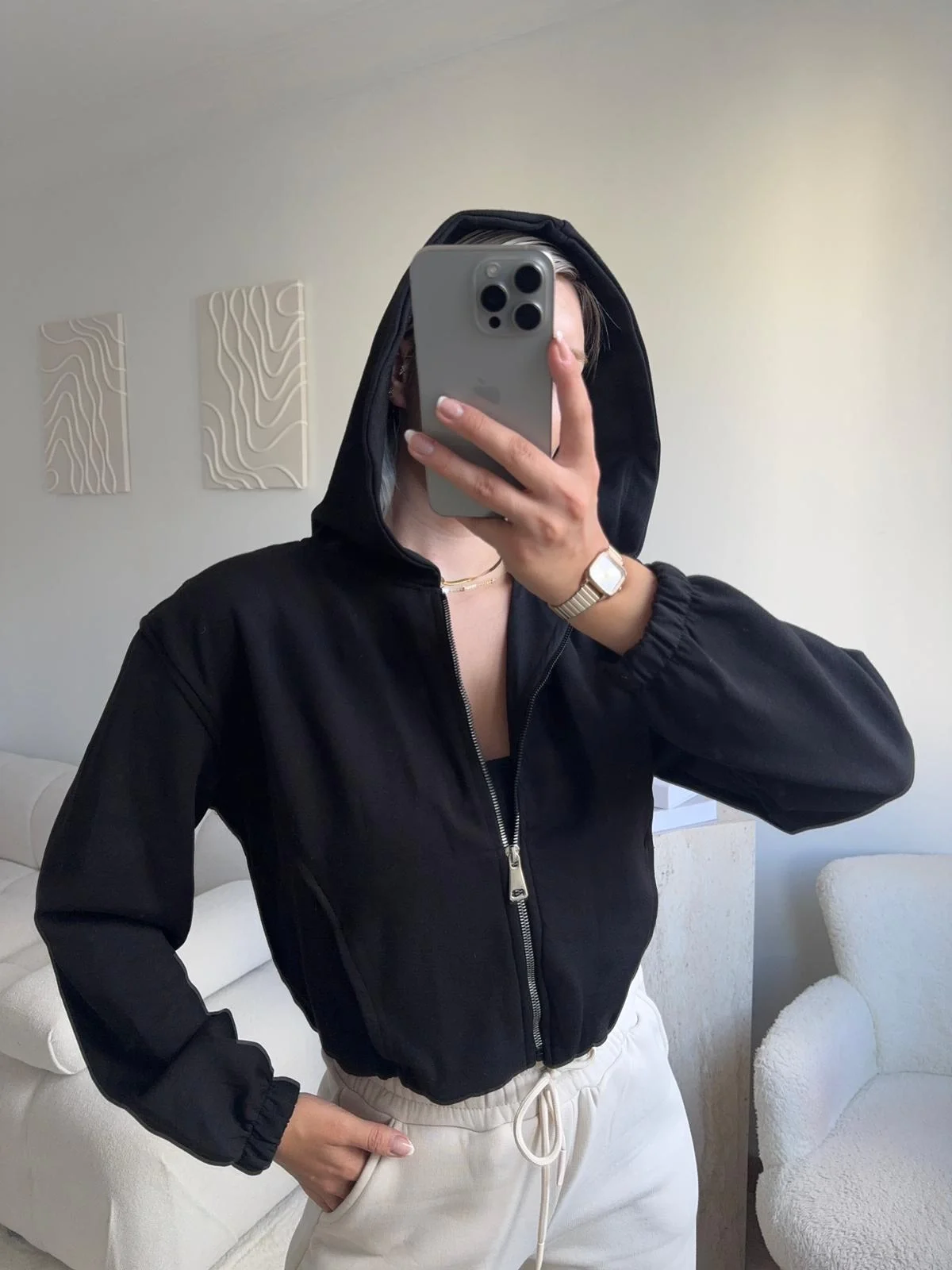 Bel Lastik Crop Hırka - SİYAH