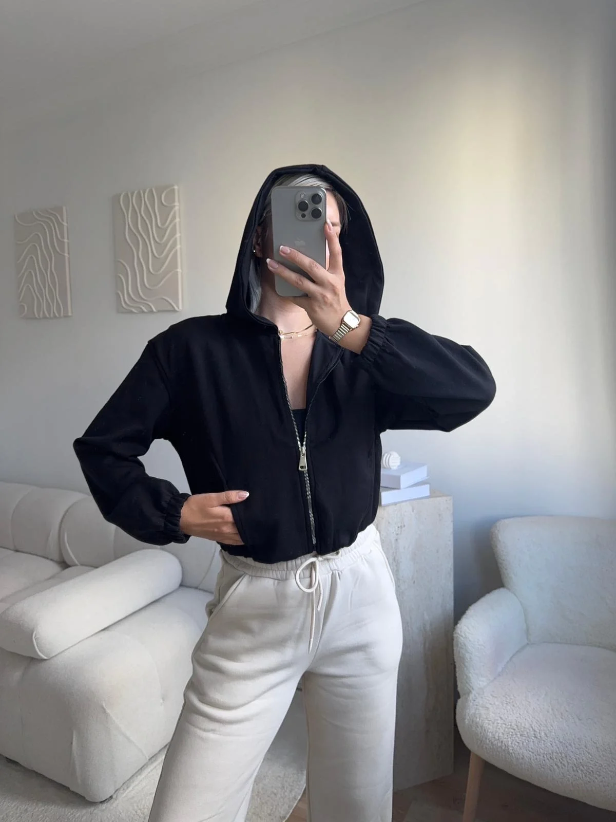 Bel Lastik Crop Hırka - SİYAH