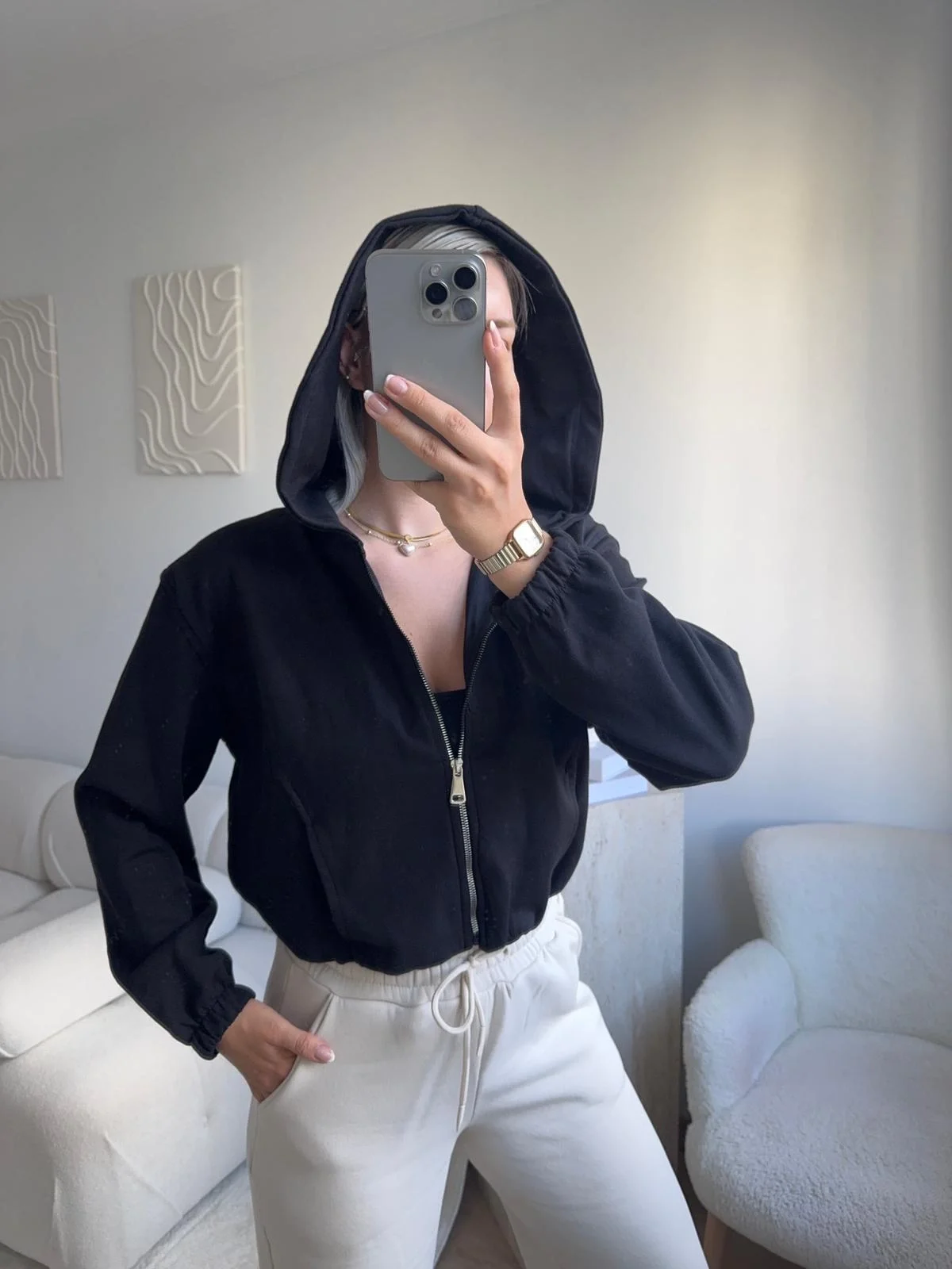 Bel Lastik Crop Hırka - SİYAH