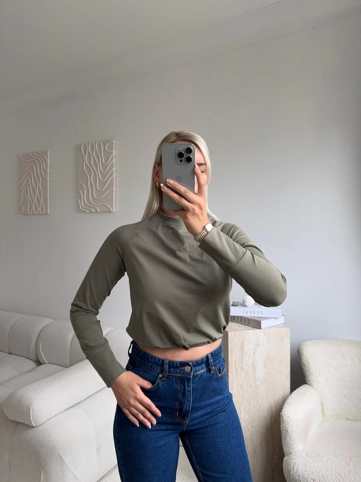 Bel Lastik Crop Sweat - HAKİ