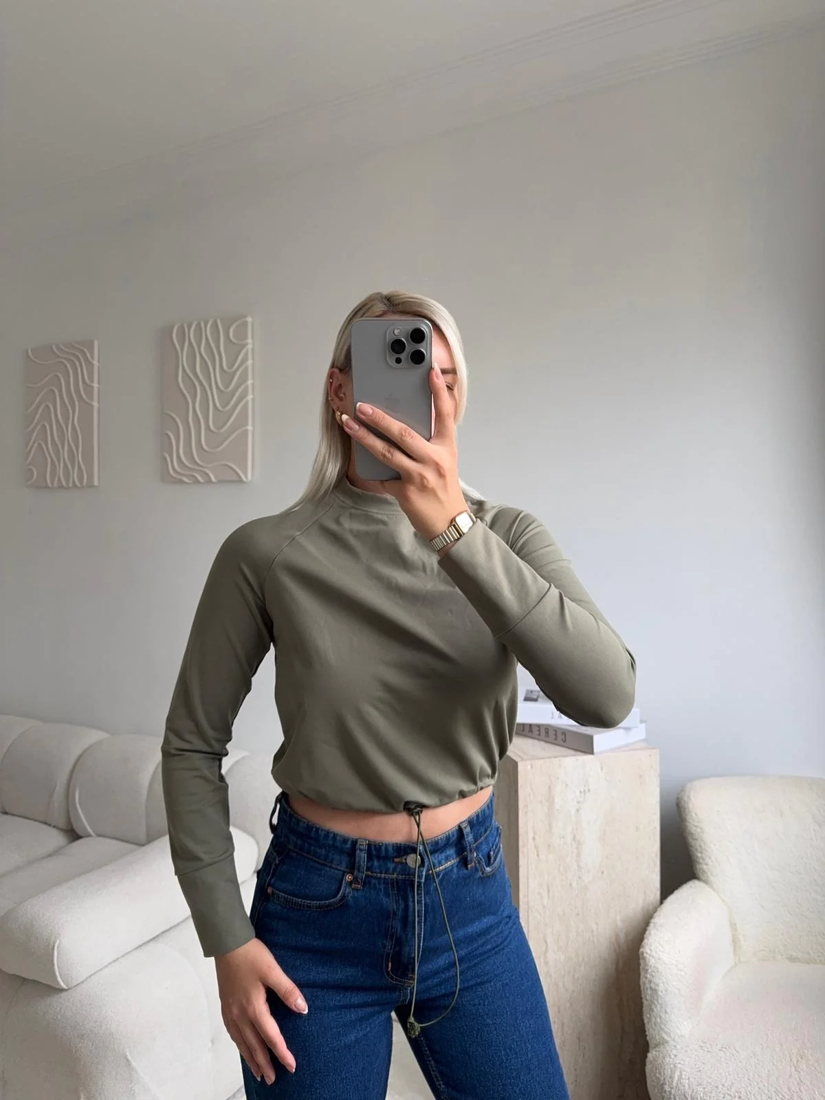 Bel Lastik Crop Sweat - HAKİ