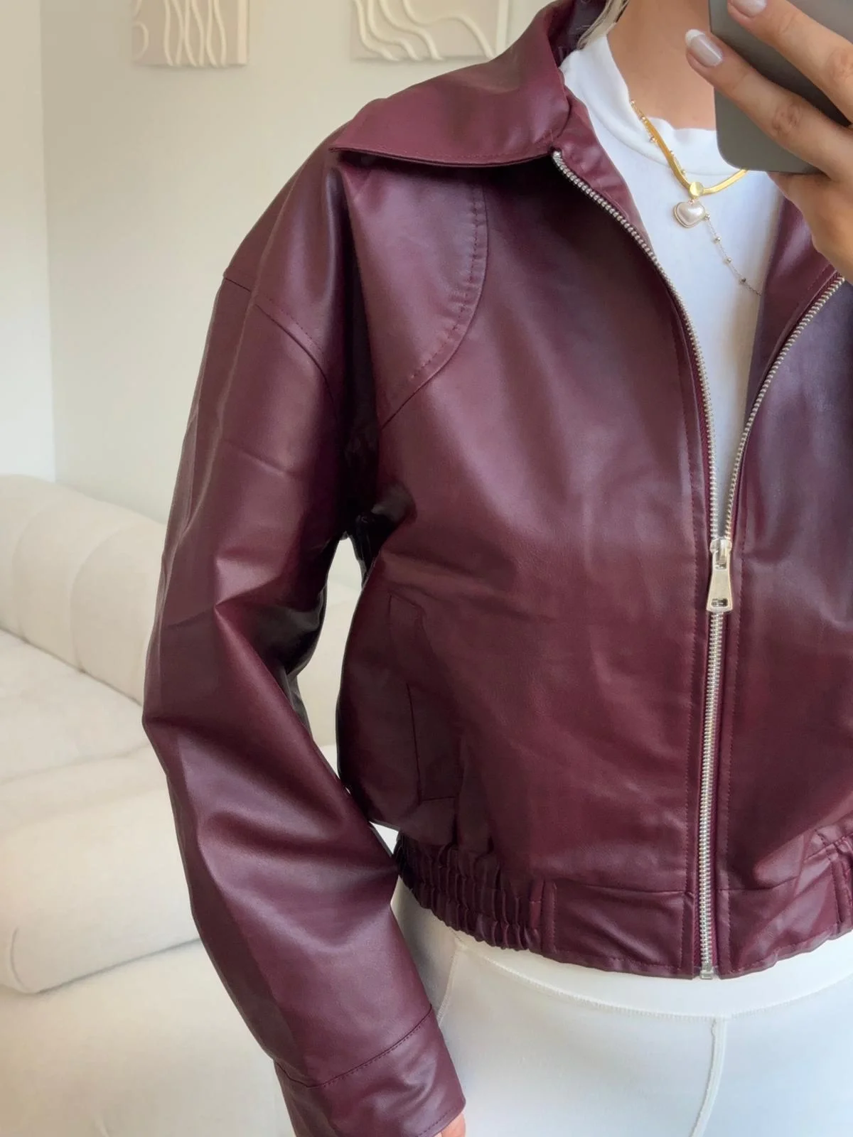 Bel Lastik Deri Ceket - BORDO