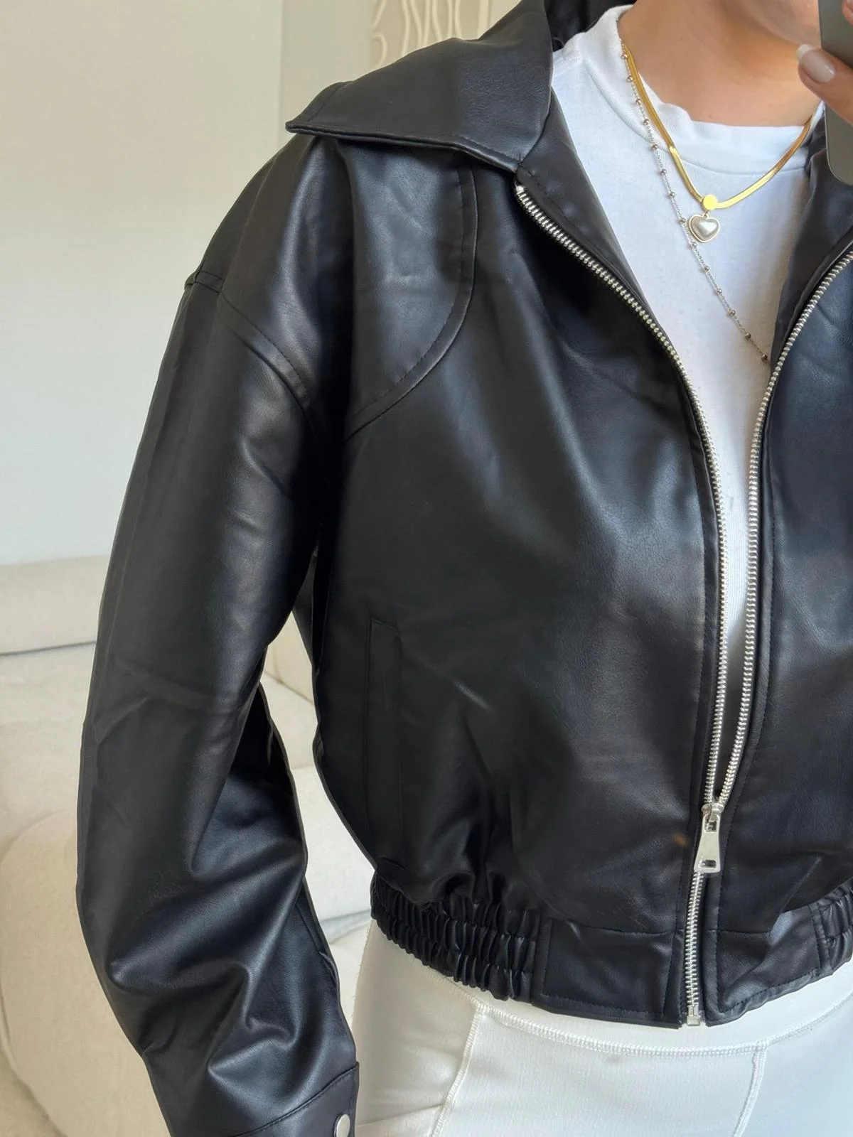 Bel Lastik Deri Ceket - SİYAH