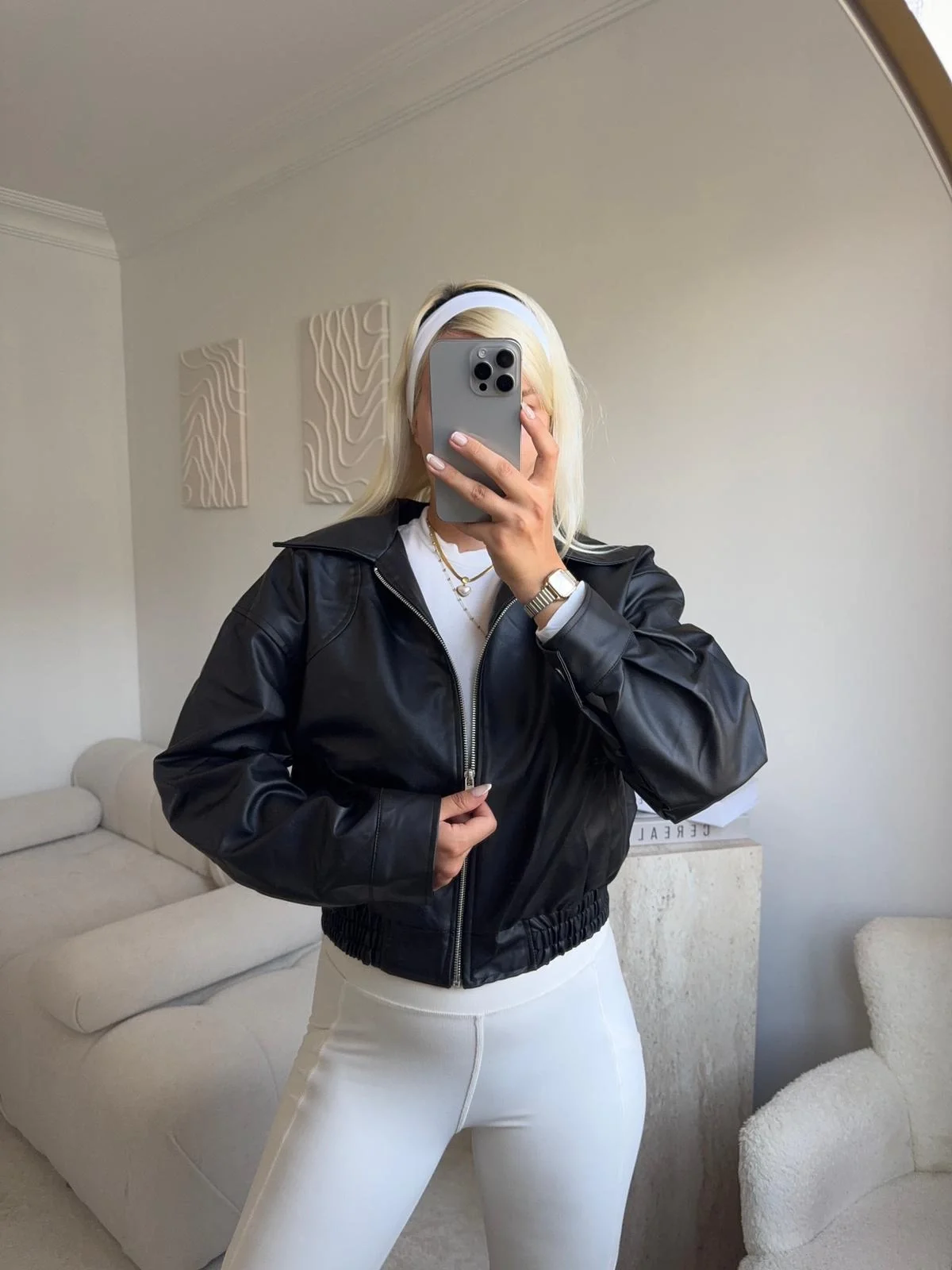 Bel Lastik Deri Ceket - SİYAH