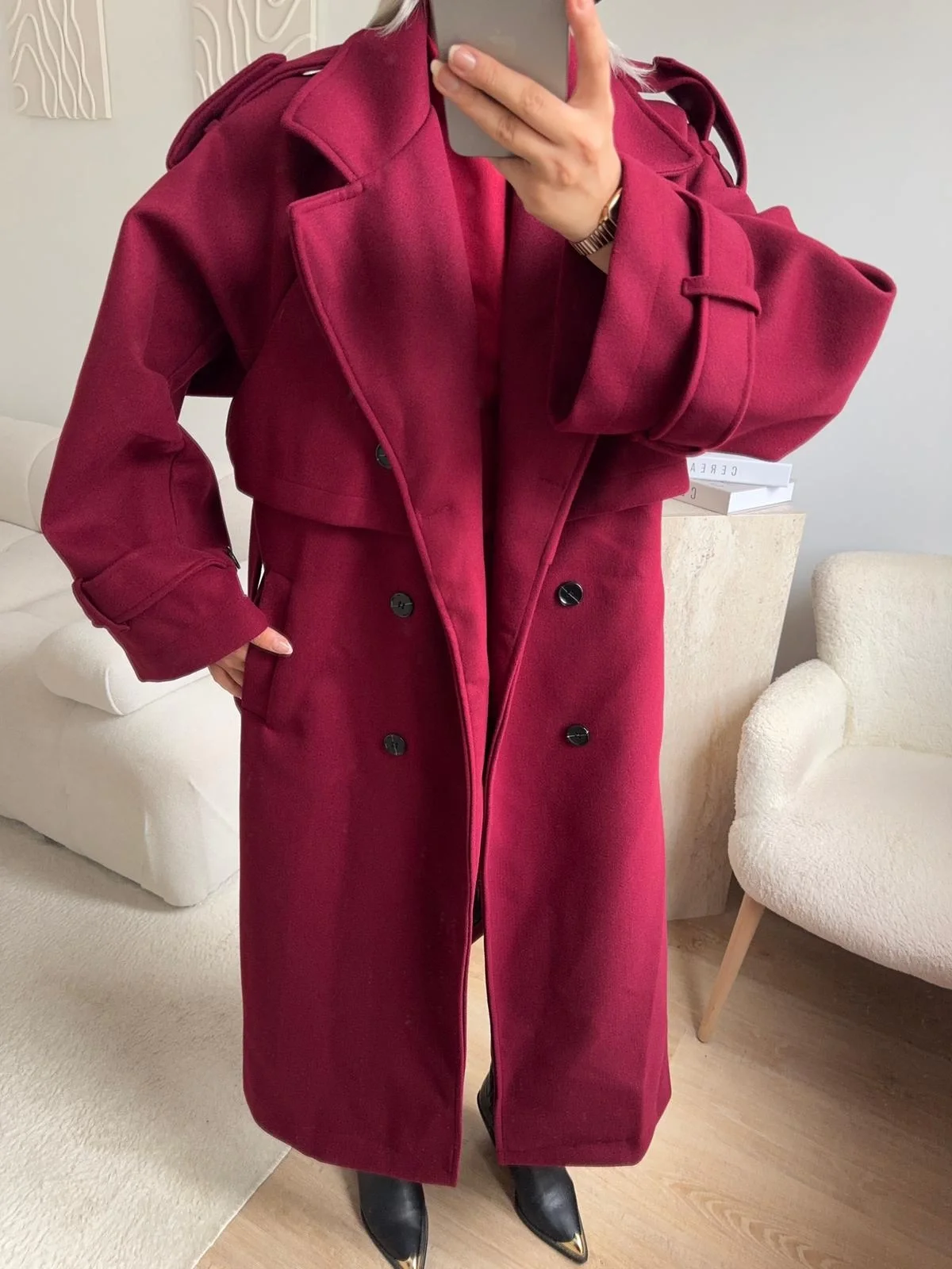 Beli Kuşaklı Kaşe Kaban - BORDO