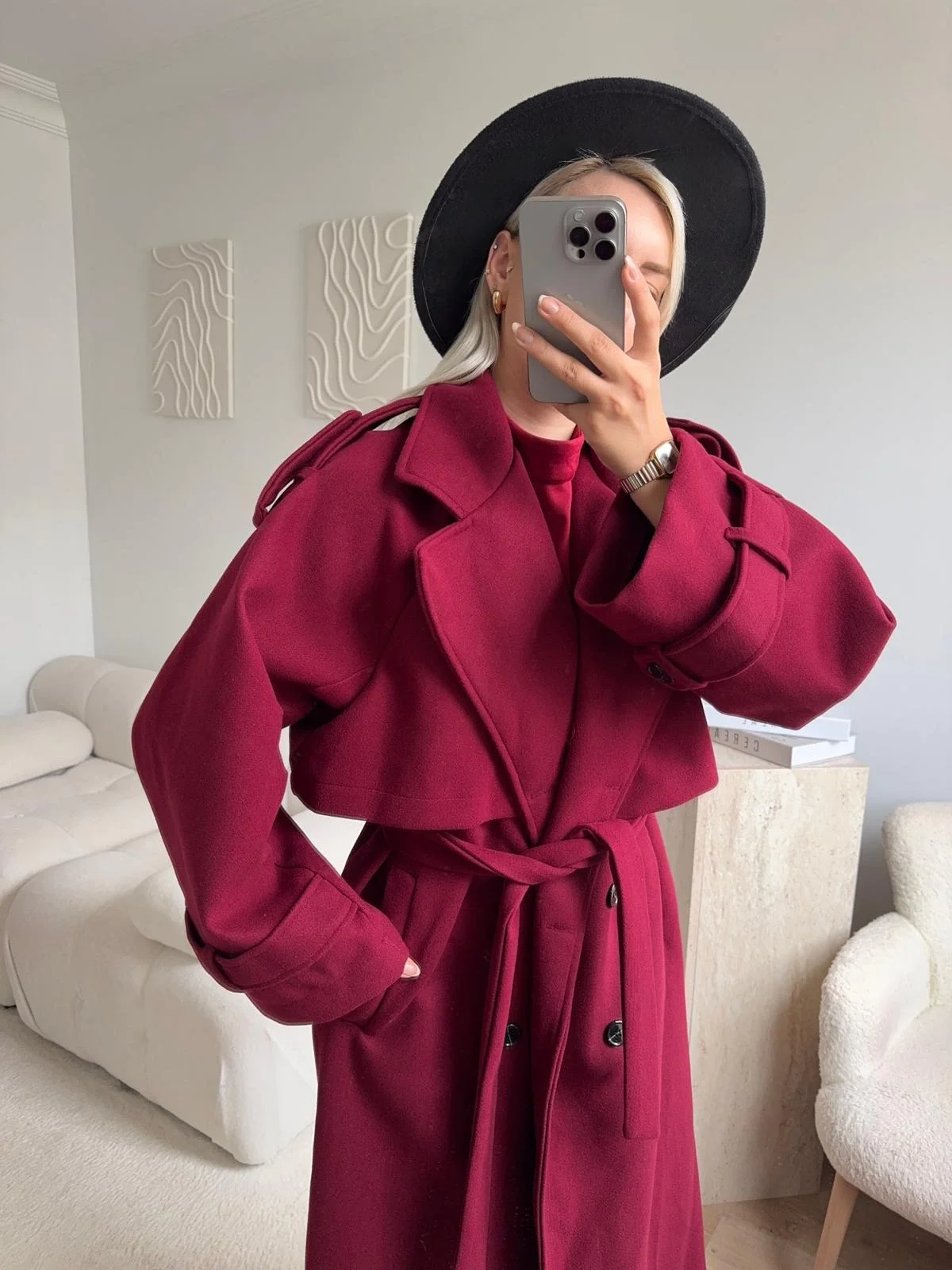 Beli Kuşaklı Kaşe Kaban - BORDO