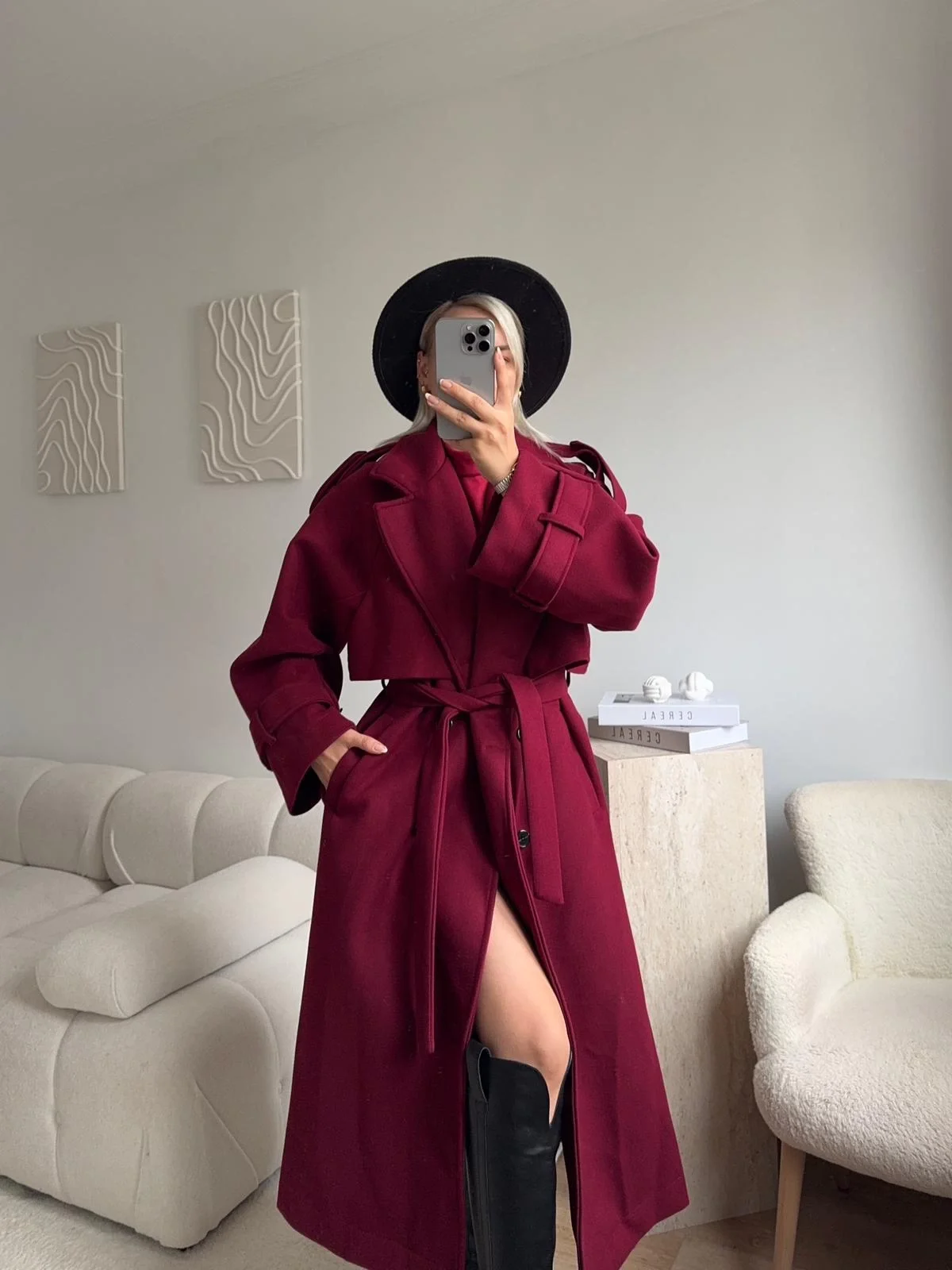 Beli Kuşaklı Kaşe Kaban - BORDO