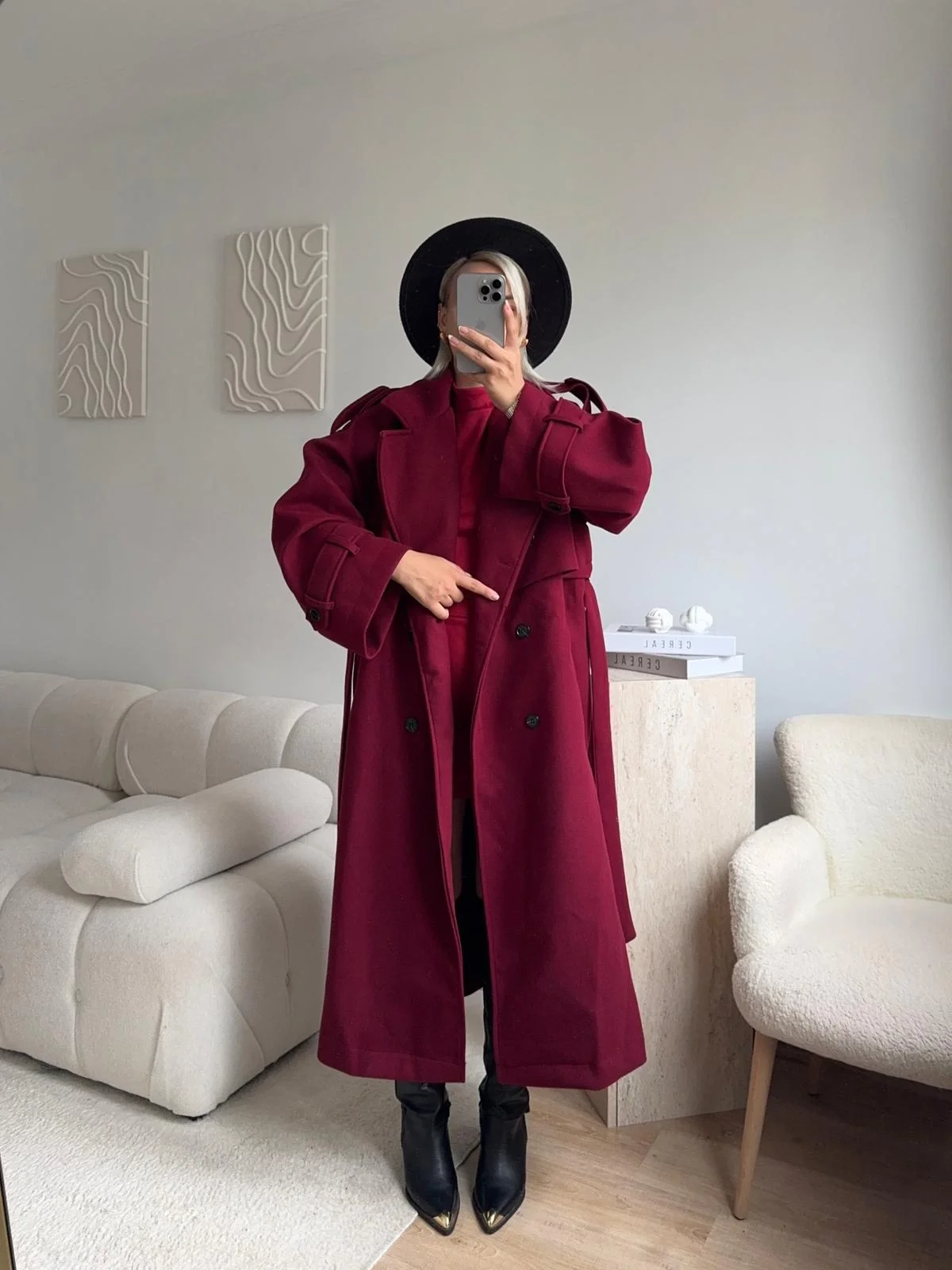 Beli Kuşaklı Kaşe Kaban - BORDO