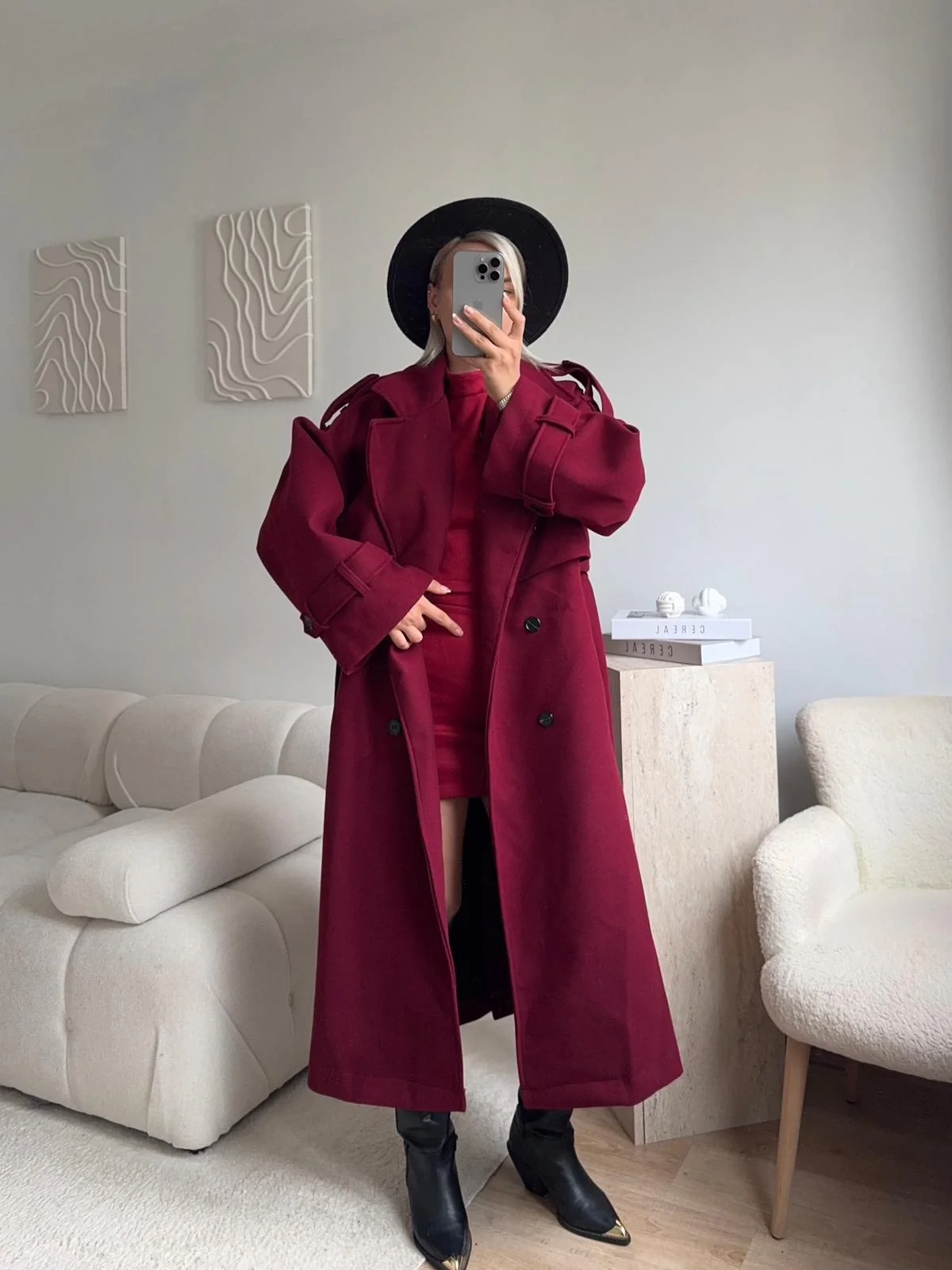 Beli Kuşaklı Kaşe Kaban - BORDO