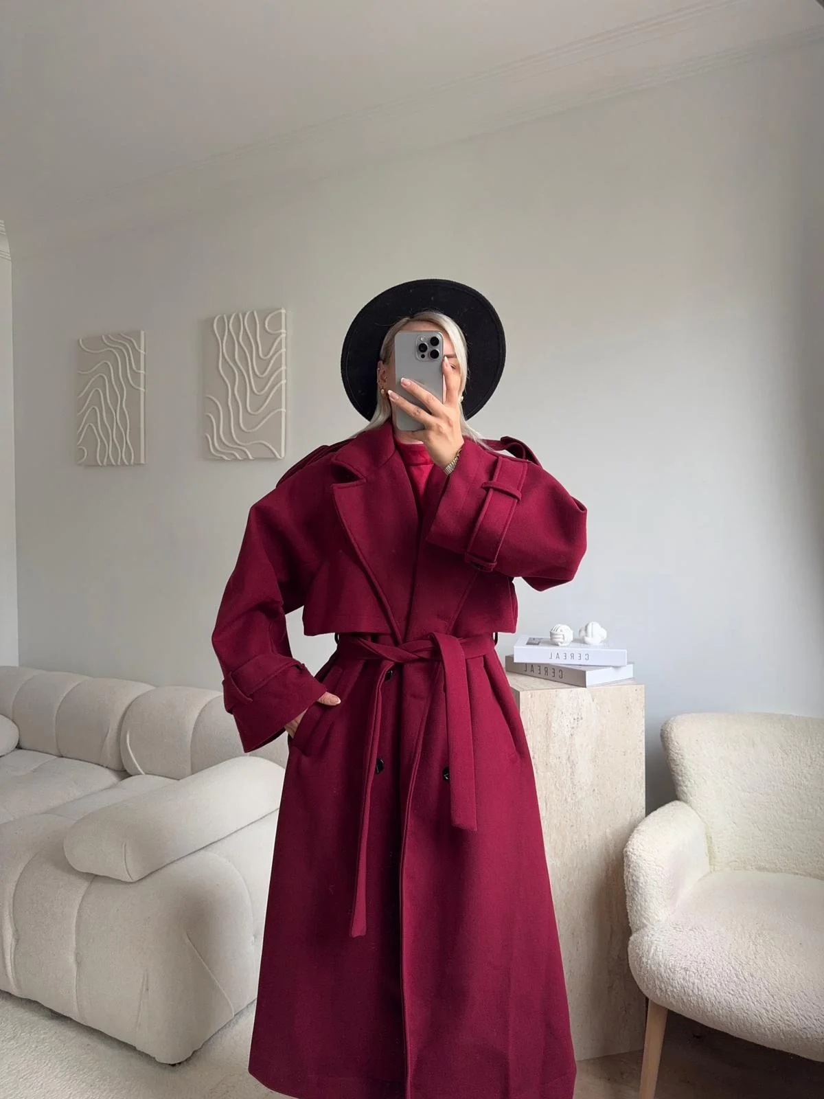 Beli Kuşaklı Kaşe Kaban - BORDO