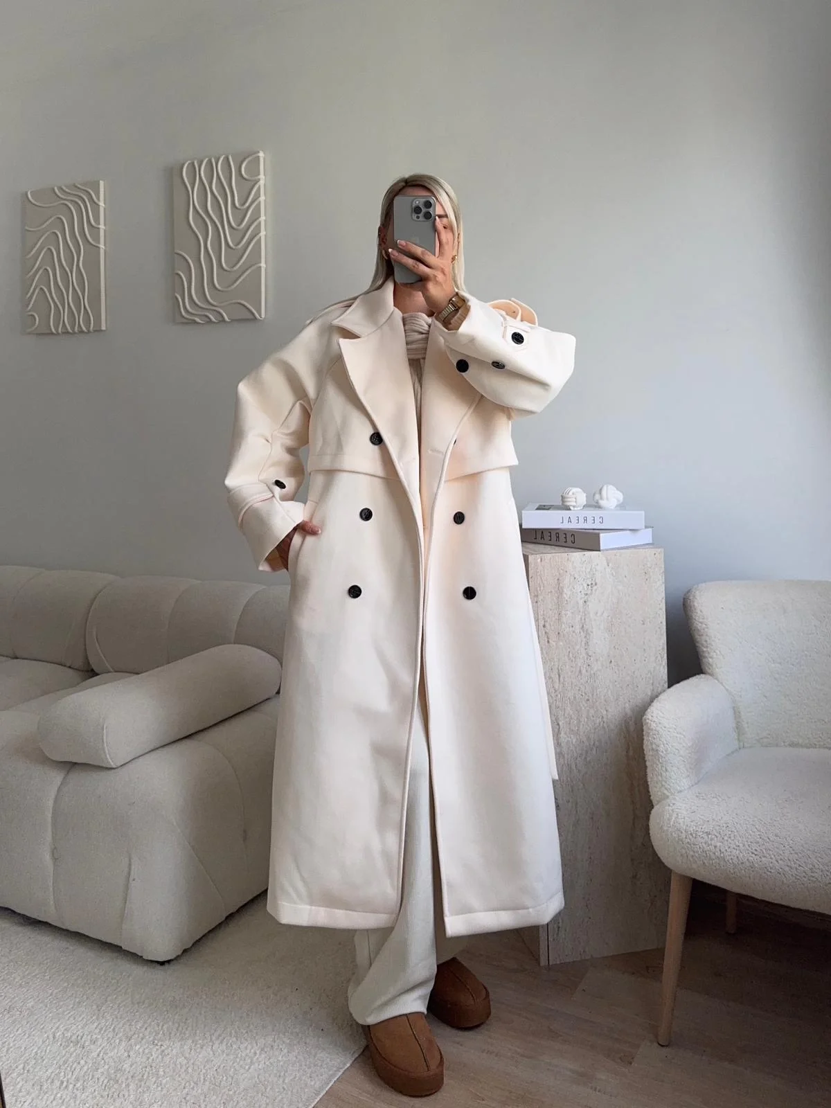 Beli Kuşaklı Kaşe Kaban - EKRU