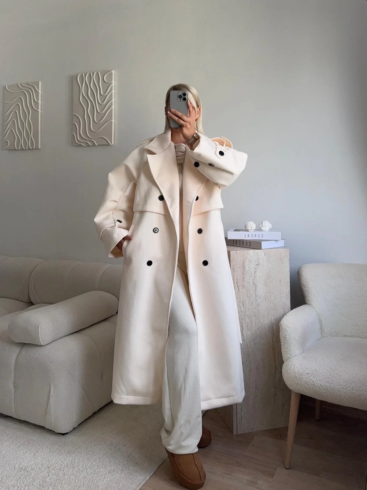 Beli Kuşaklı Kaşe Kaban - EKRU