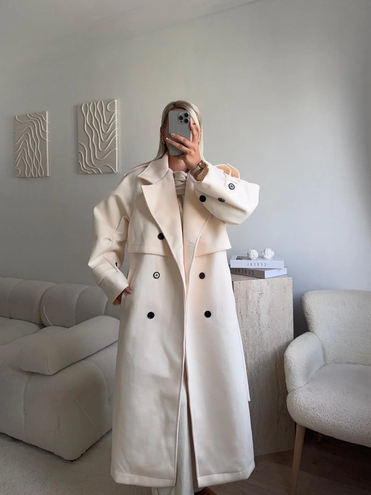 Beli Kuşaklı Kaşe Kaban - EKRU